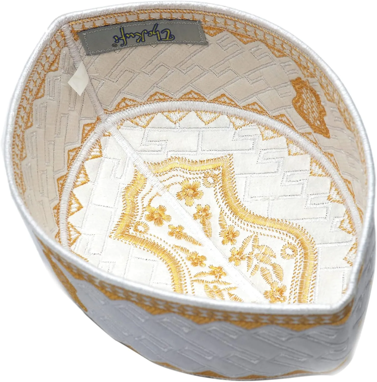 TheKufi® Textured White and Golden Embroidered Sandal Kufi Crown Cap Muslim Hat