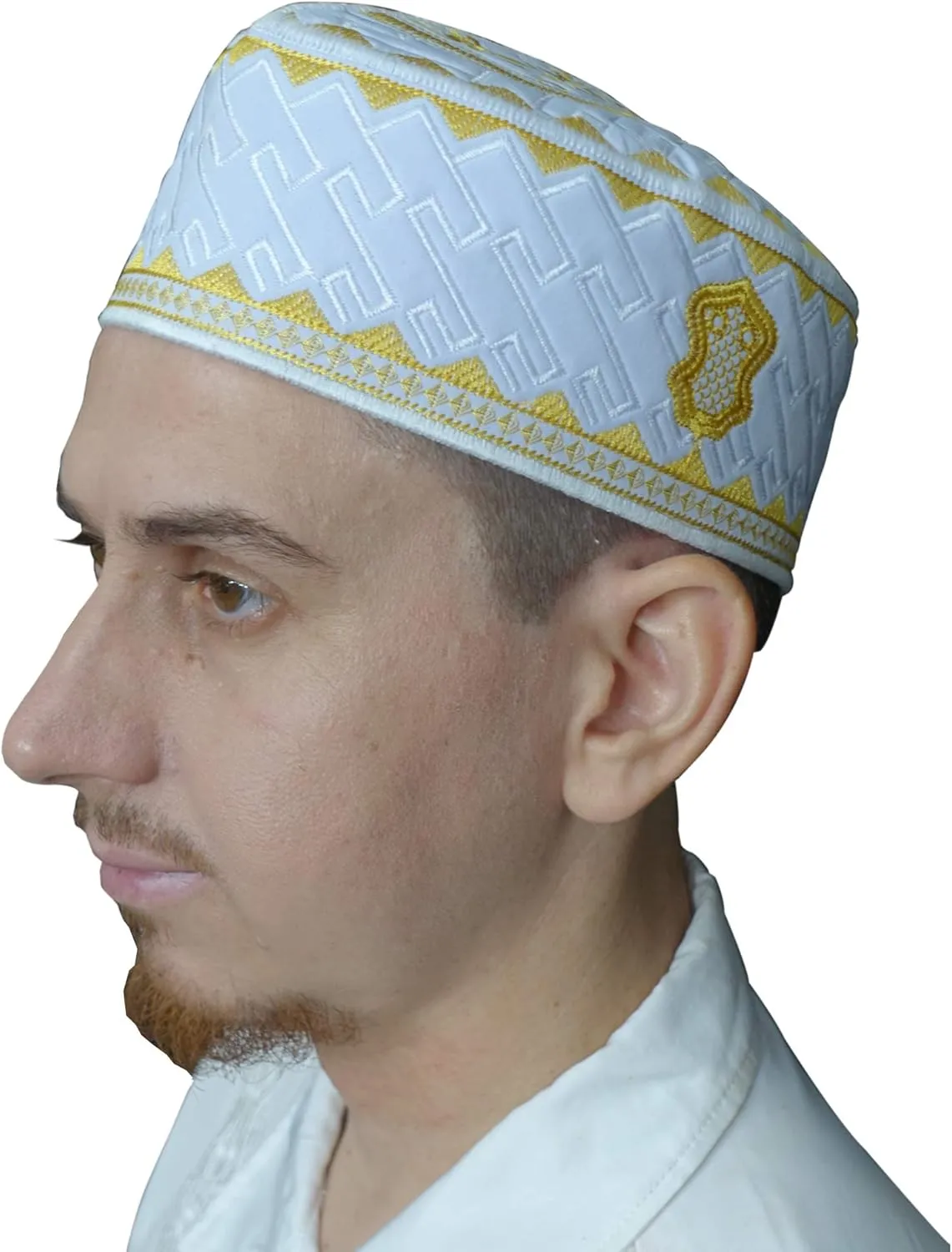 TheKufi® Textured White and Golden Embroidered Sandal Kufi Crown Cap Muslim Hat