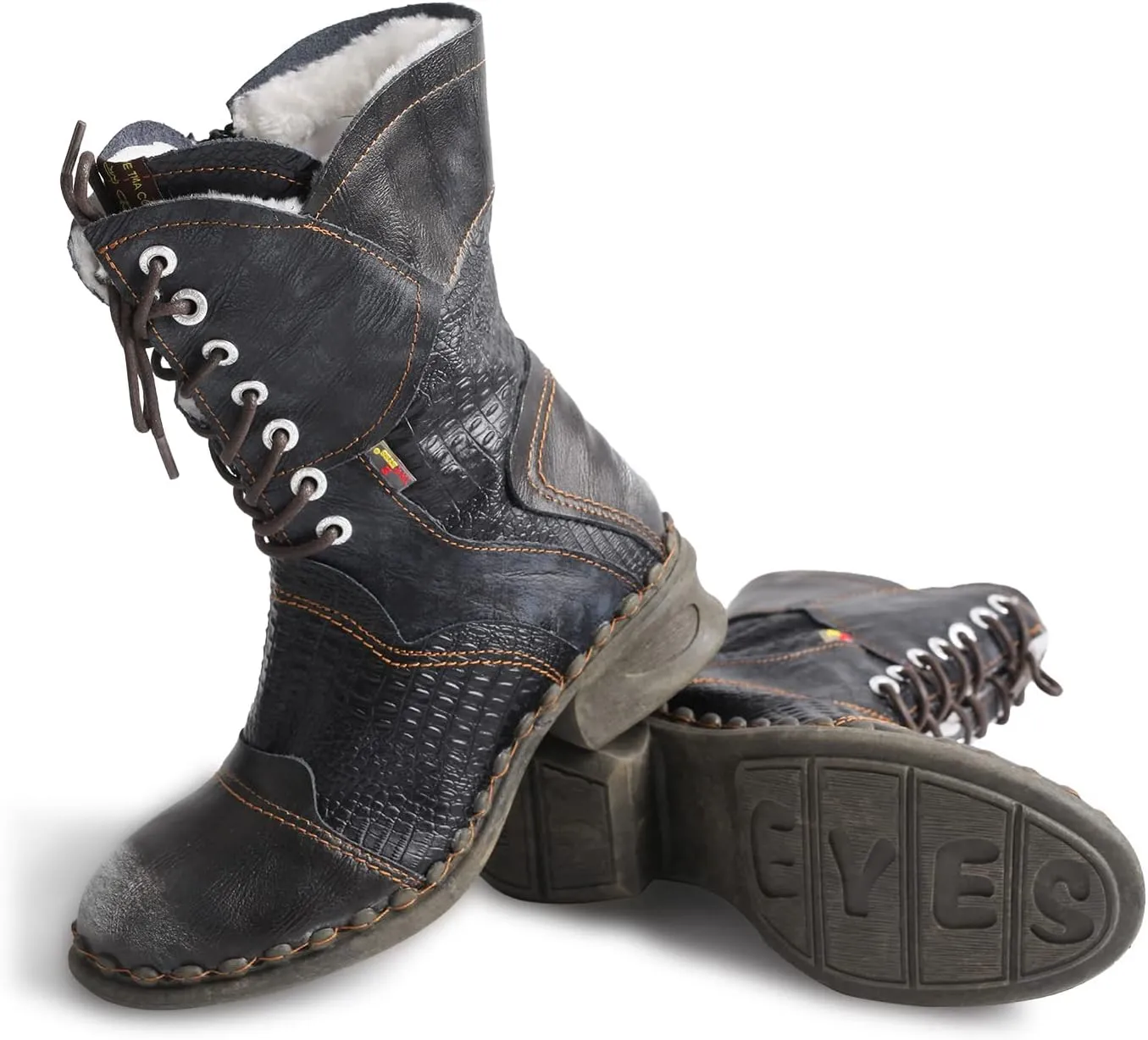 TMA EYES Croc-Embossed Leather Boots Women's Faux Fur Mid Calf Boots