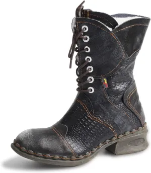 TMA EYES Croc-Embossed Leather Boots Women's Faux Fur Mid Calf Boots