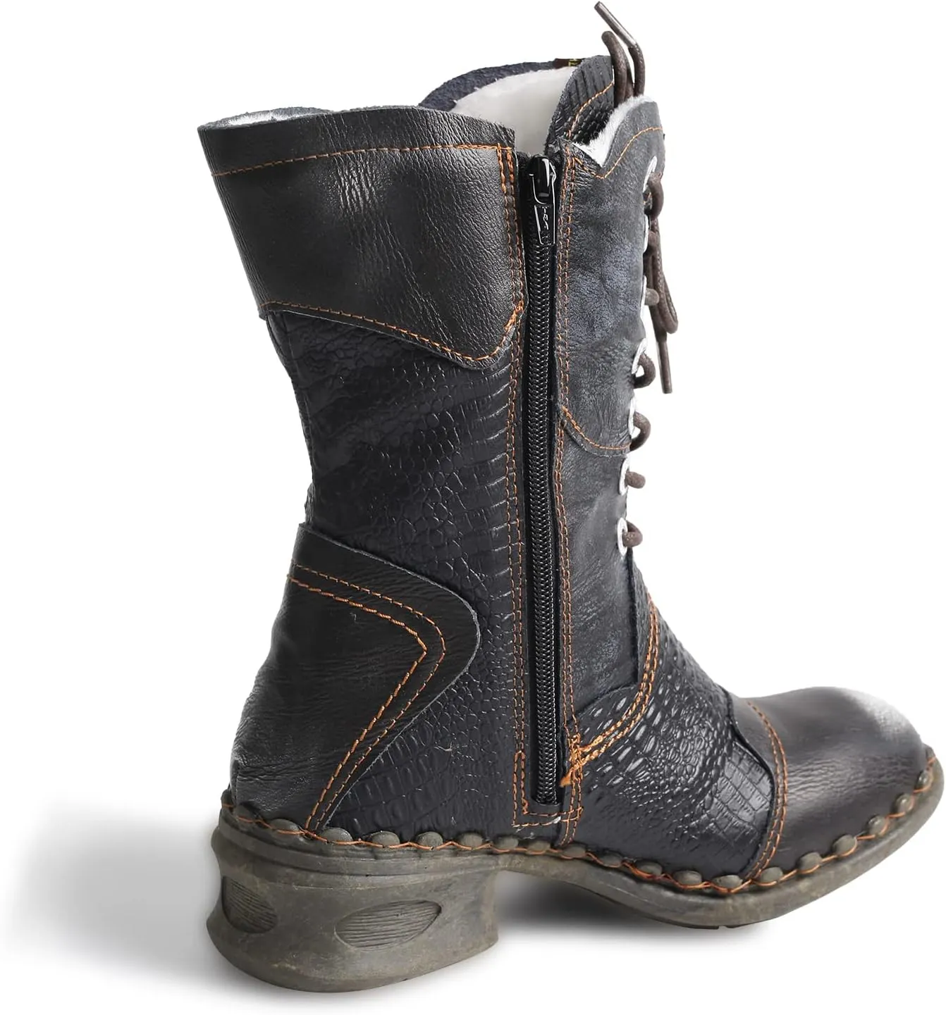 TMA EYES Croc-Embossed Leather Boots Women's Faux Fur Mid Calf Boots