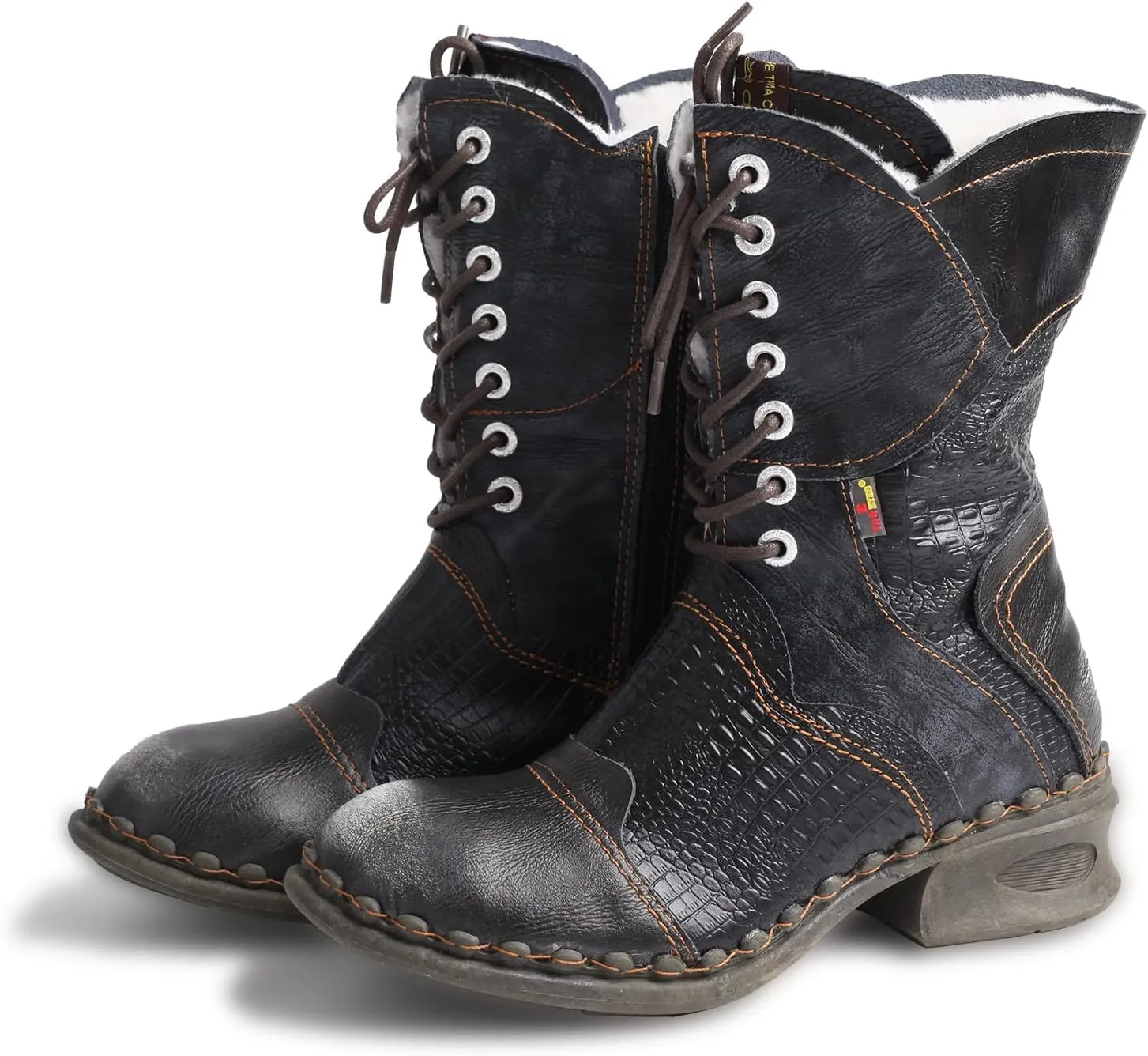 TMA EYES Croc-Embossed Leather Boots Women's Faux Fur Mid Calf Boots
