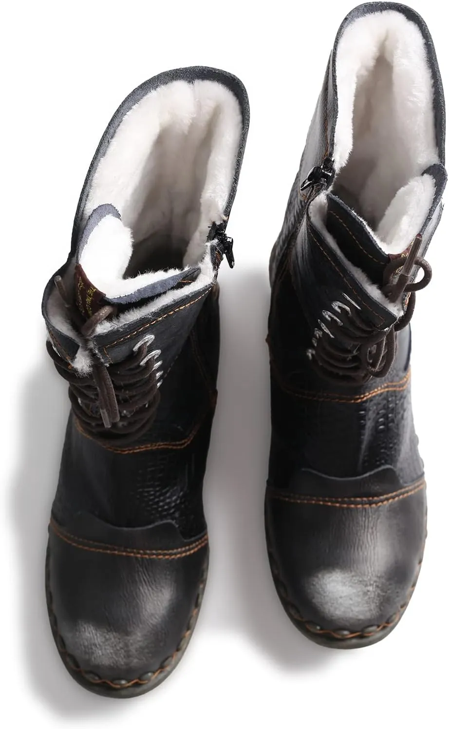 TMA EYES Croc-Embossed Leather Boots Women's Faux Fur Mid Calf Boots