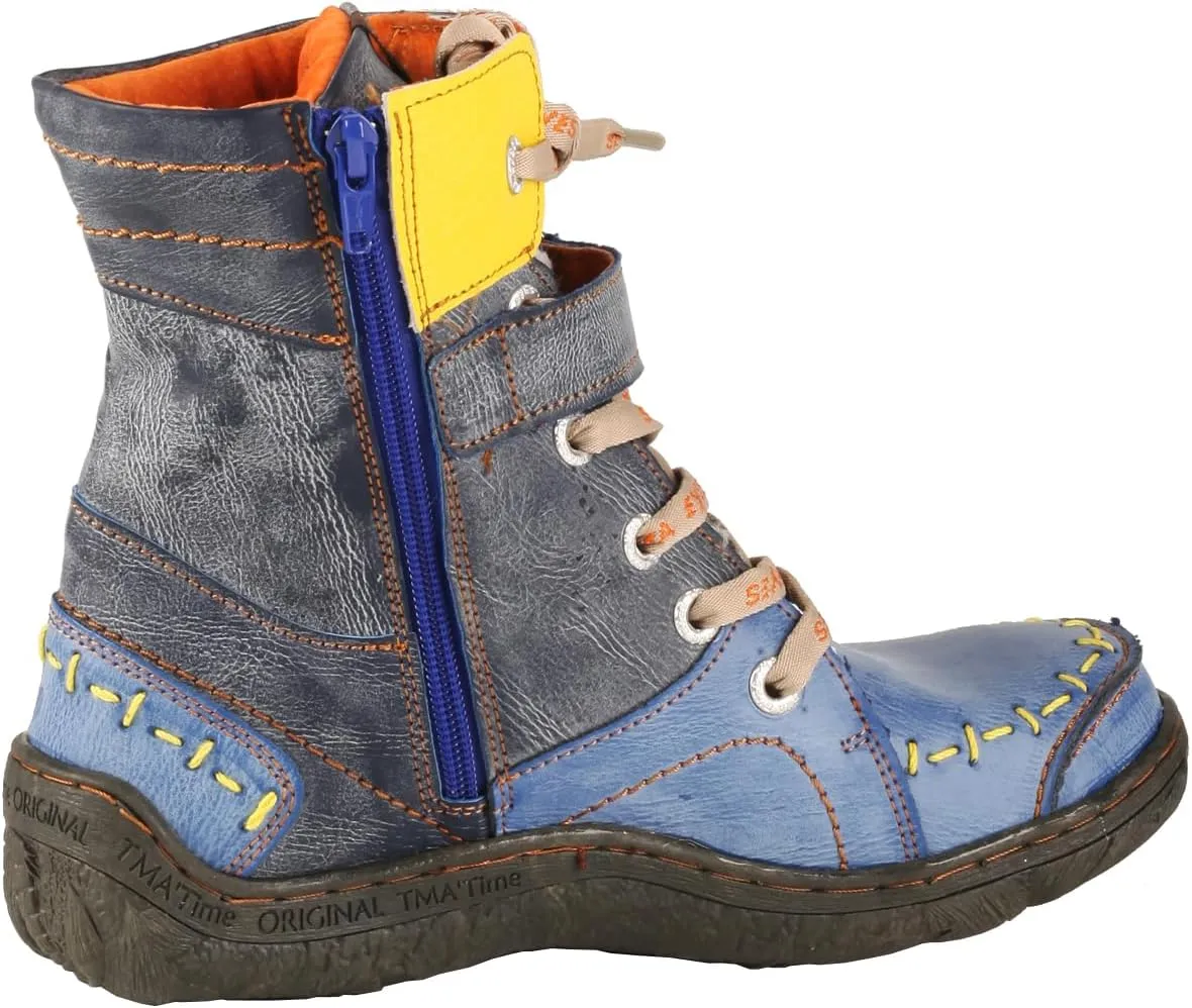TMA EYES Women's lace-up leather casual ankle boots fashion non-slip and patchwork with handstitching upper Boots