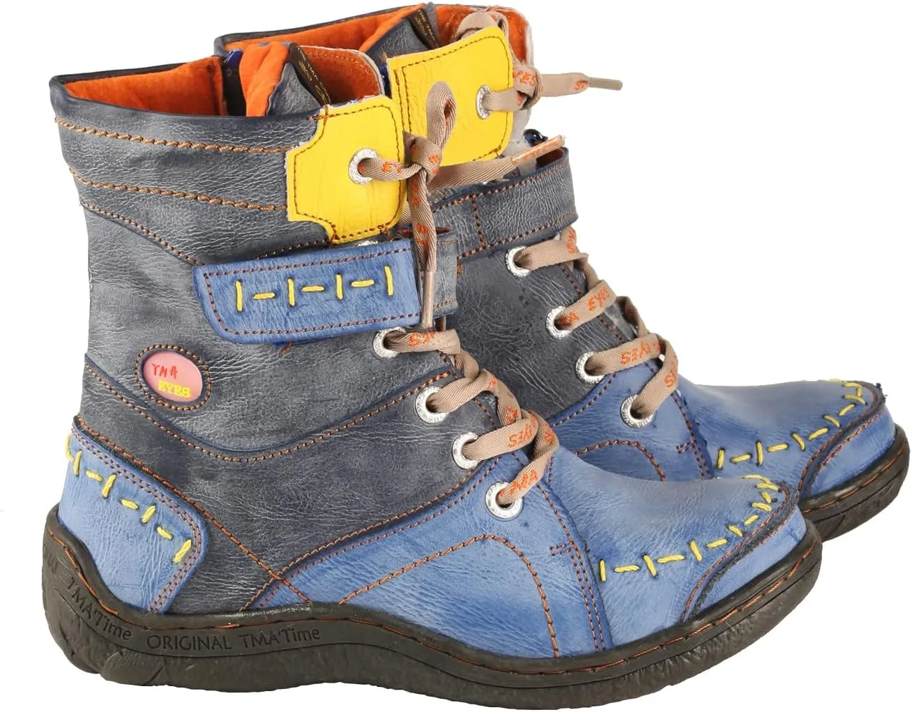 TMA EYES Women's lace-up leather casual ankle boots fashion non-slip and patchwork with handstitching upper Boots