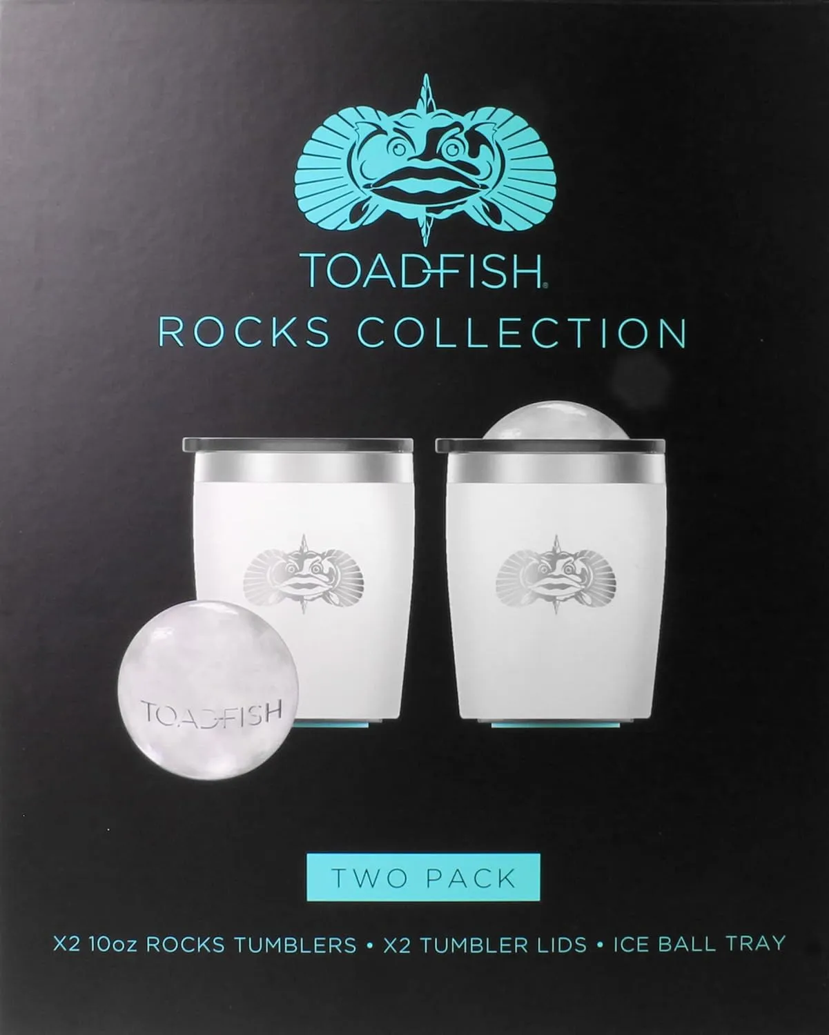 Toadfish Non-tipping 10oz Double Wall Insulated Stainless Steel Rocks Tumbler 2-Pack Gift Set w/Ice Ball Tray & Easy Slide Lid - White