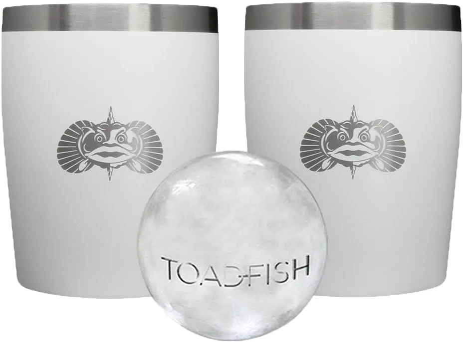 Toadfish Non-tipping 10oz Double Wall Insulated Stainless Steel Rocks Tumbler 2-Pack Gift Set w/Ice Ball Tray & Easy Slide Lid - White
