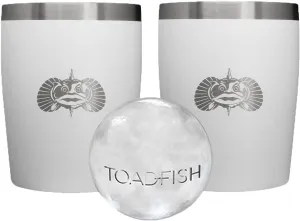 Toadfish Non-tipping 10oz Double Wall Insulated Stainless Steel Rocks Tumbler 2-Pack Gift Set w/Ice Ball Tray & Easy Slide Lid - White