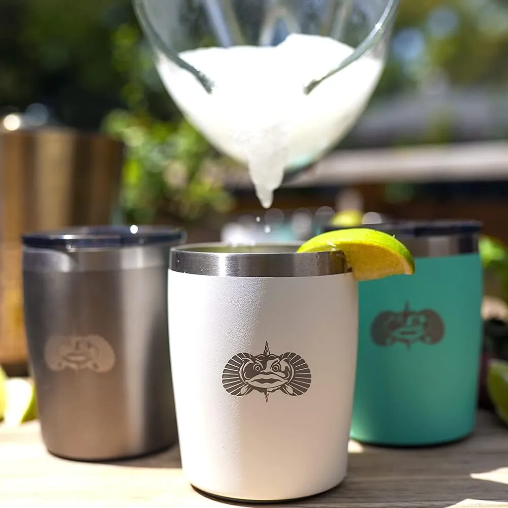 Toadfish Non-tipping 10oz Double Wall Insulated Stainless Steel Rocks Tumbler 2-Pack Gift Set w/Ice Ball Tray & Easy Slide Lid - White