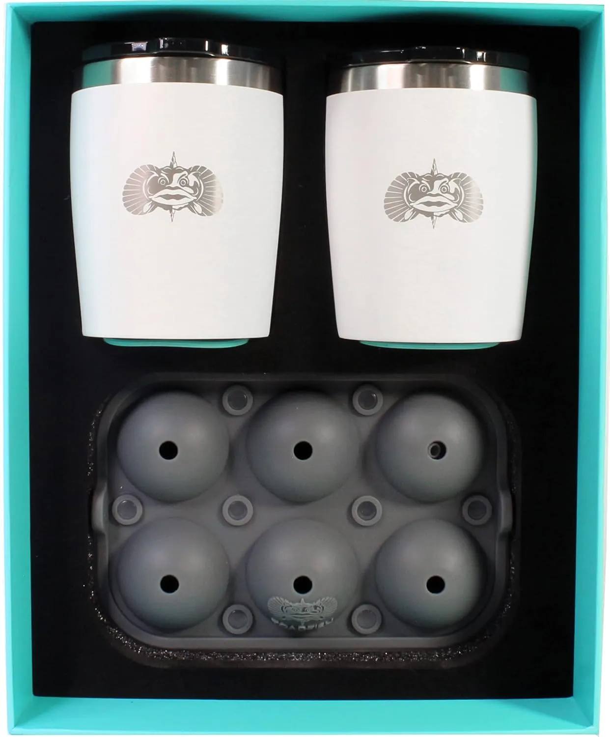 Toadfish Non-tipping 10oz Double Wall Insulated Stainless Steel Rocks Tumbler 2-Pack Gift Set w/Ice Ball Tray & Easy Slide Lid - White