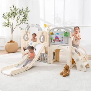 Toddler Slide Set 12 in 1, Kids Swing and Slide playSet for Toddlers 1-3, Outdoor Indoor Playground with Climber, Basketball Hoop, Tunnel and Storage Space (Beige Grey)
