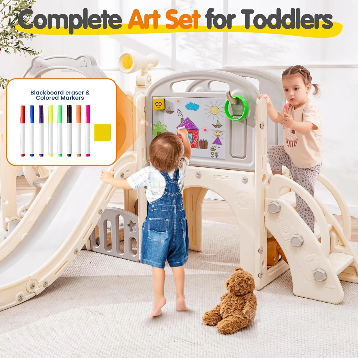 Toddler Slide Set 12 in 1, Kids Swing and Slide playSet for Toddlers 1-3, Outdoor Indoor Playground with Climber, Basketball Hoop, Tunnel and Storage Space (Beige Grey)
