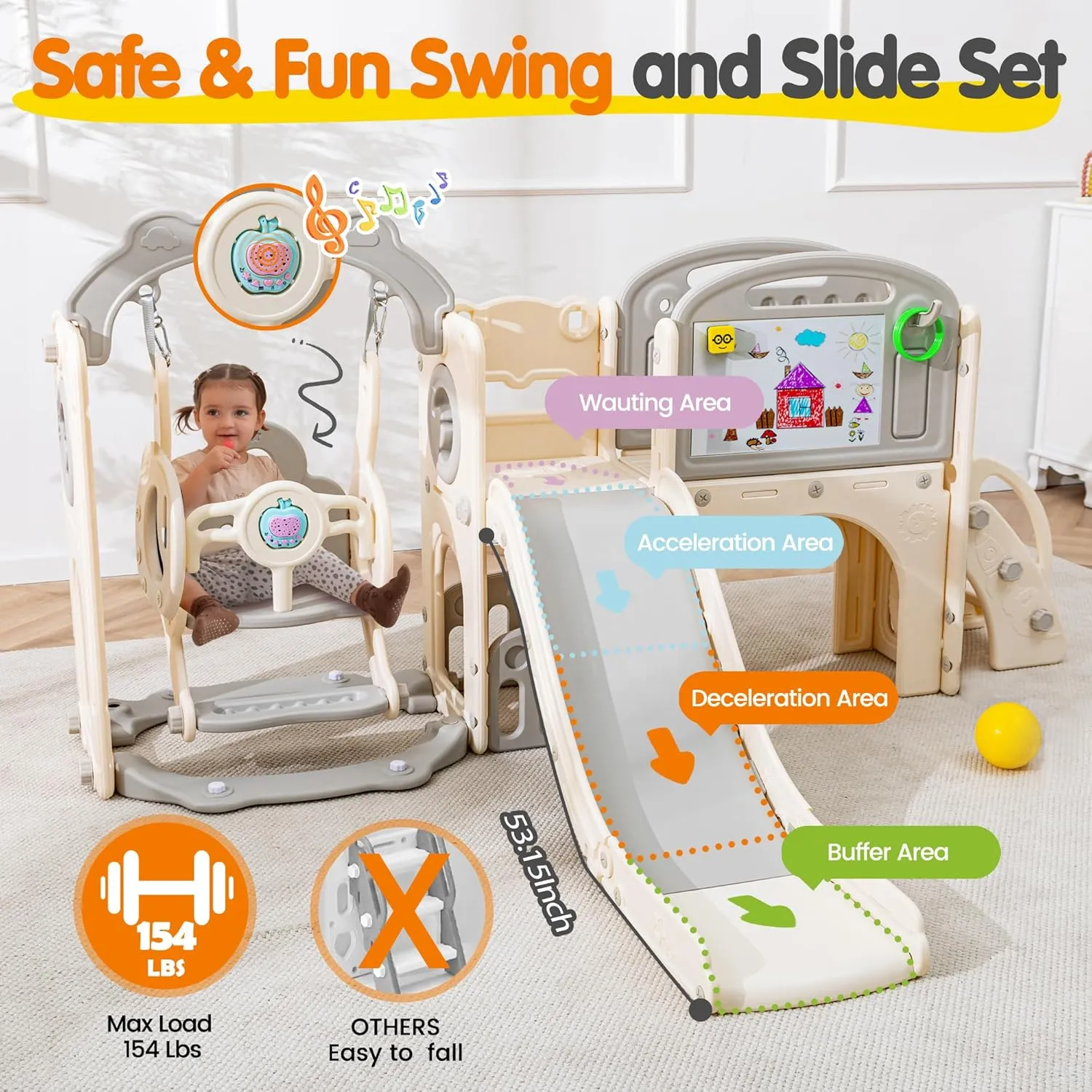 Toddler Slide Set 12 in 1, Kids Swing and Slide playSet for Toddlers 1-3, Outdoor Indoor Playground with Climber, Basketball Hoop, Tunnel and Storage Space (Beige Grey)