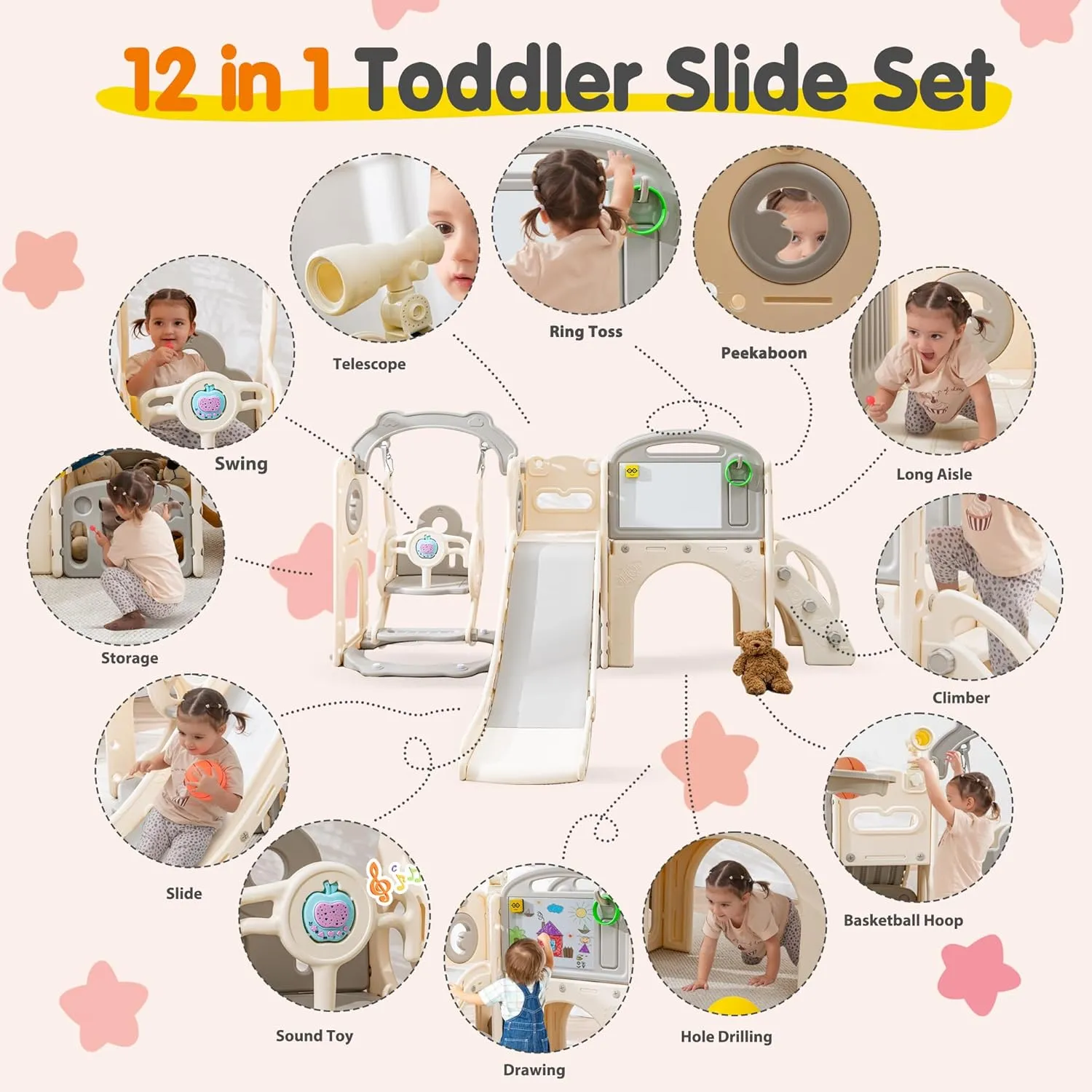 Toddler Slide Set 12 in 1, Kids Swing and Slide playSet for Toddlers 1-3, Outdoor Indoor Playground with Climber, Basketball Hoop, Tunnel and Storage Space (Beige Grey)