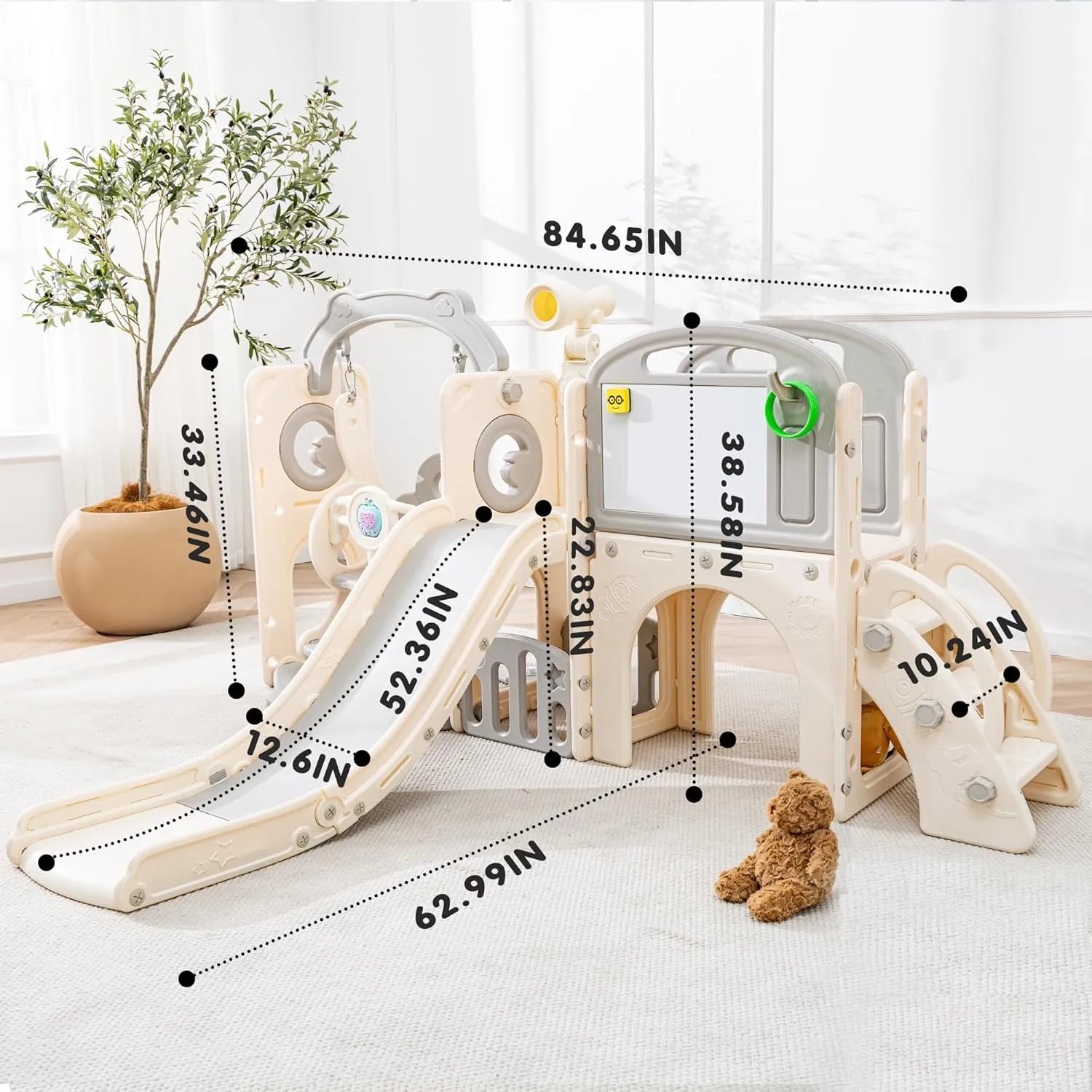 Toddler Slide Set 12 in 1, Kids Swing and Slide playSet for Toddlers 1-3, Outdoor Indoor Playground with Climber, Basketball Hoop, Tunnel and Storage Space (Beige Grey)