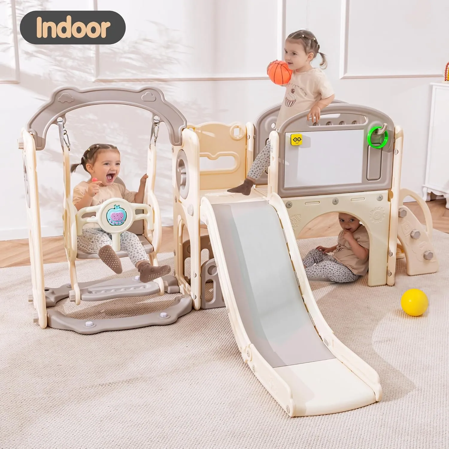 Toddler Slide Set 12 in 1, Kids Swing and Slide playSet for Toddlers 1-3, Outdoor Indoor Playground with Climber, Basketball Hoop, Tunnel and Storage Space (Beige Grey)