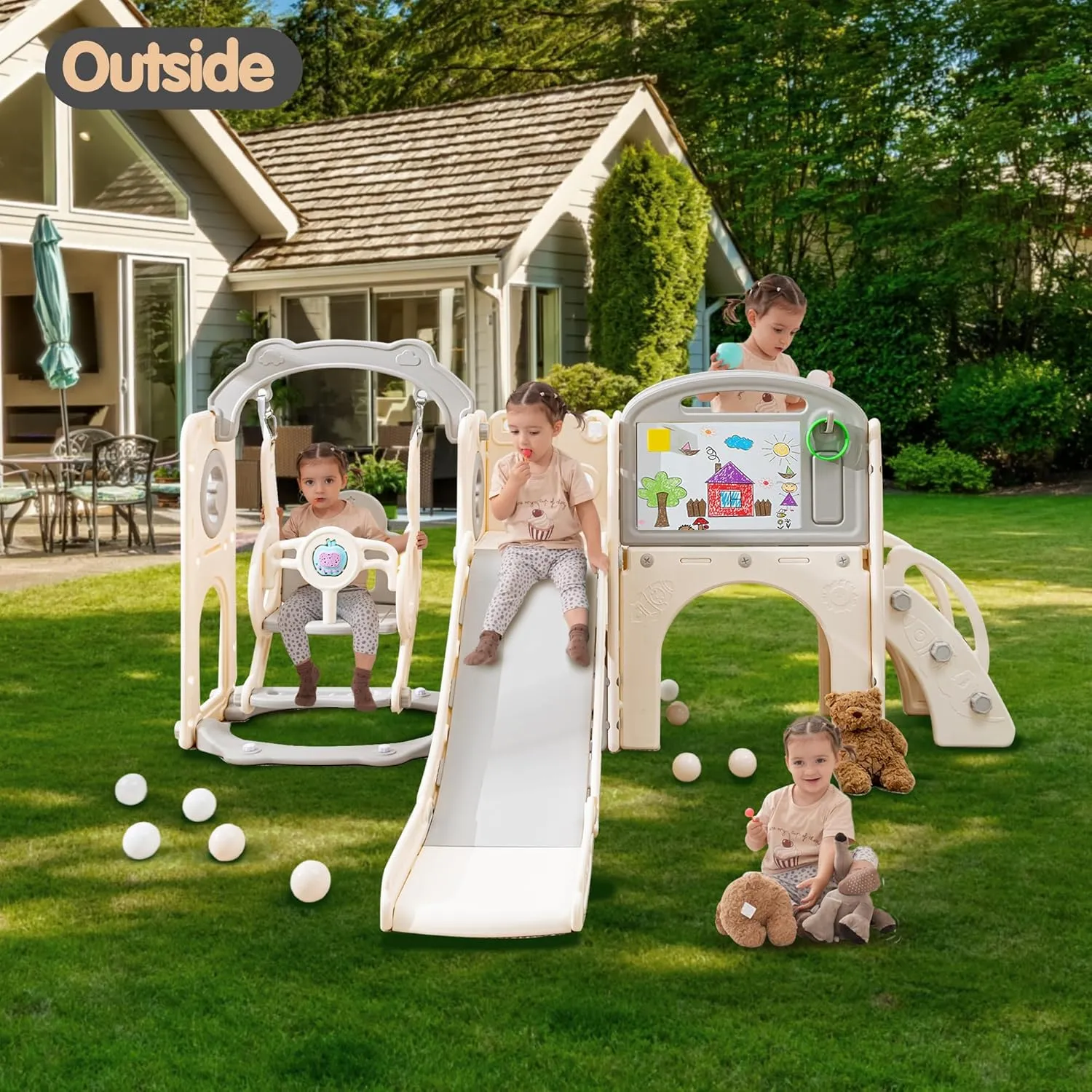 Toddler Slide Set 12 in 1, Kids Swing and Slide playSet for Toddlers 1-3, Outdoor Indoor Playground with Climber, Basketball Hoop, Tunnel and Storage Space (Beige Grey)