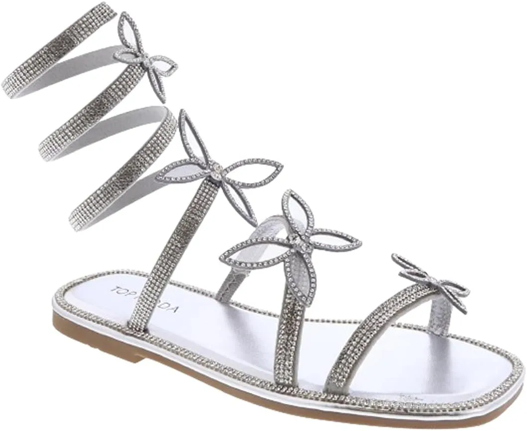 TOP Moda Women Butterfly Rhinestone Wrap-around Flat Sandals