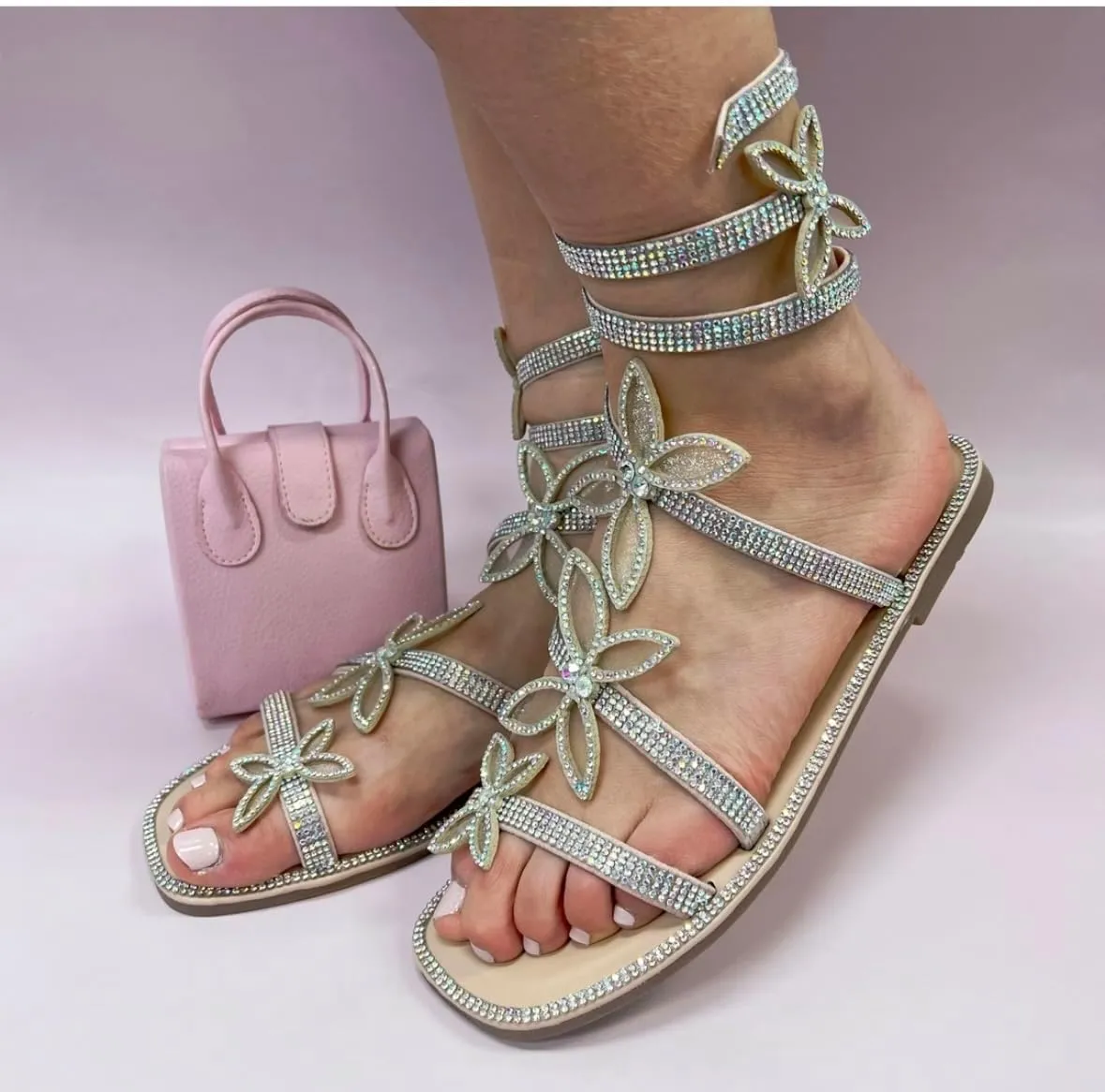 TOP Moda Women Butterfly Rhinestone Wrap-around Flat Sandals