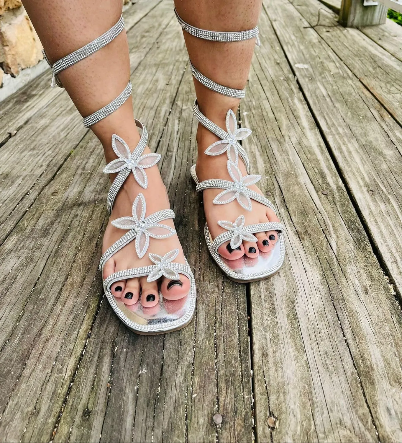 TOP Moda Women Butterfly Rhinestone Wrap-around Flat Sandals