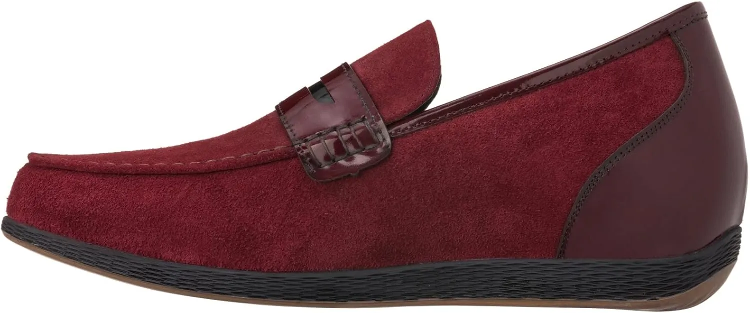 TOTO Men's Invisible Height Increasing Elevator Shoes - Burgundy Premium Suede Leather Slip-on Lightweight Penny Loafers - 2.6 Inches Taller - K1095 - Size 9 D(M) US
