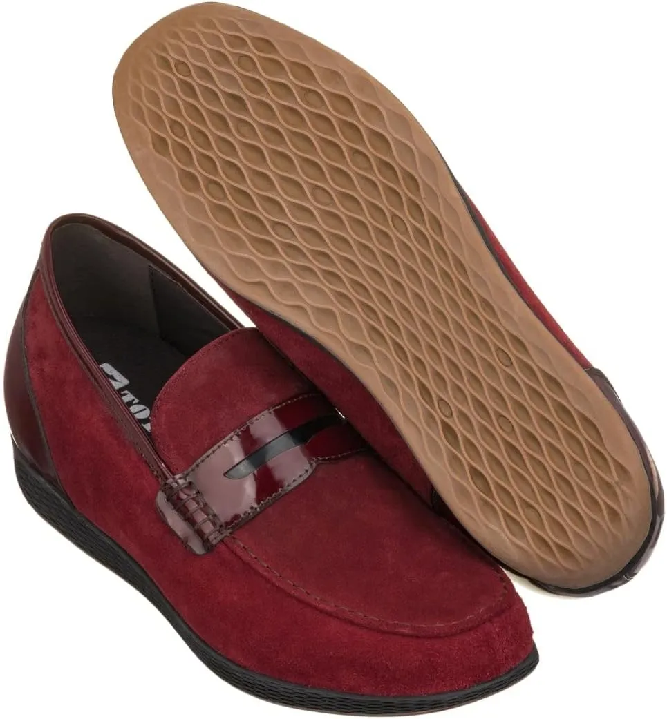 TOTO Men's Invisible Height Increasing Elevator Shoes - Burgundy Premium Suede Leather Slip-on Lightweight Penny Loafers - 2.6 Inches Taller - K1095 - Size 9 D(M) US