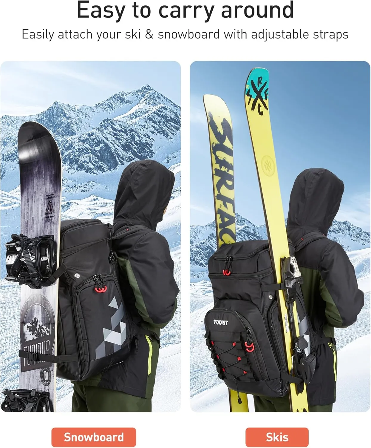 TOURIT Ski Boot Bag Snowboard Backpack 55-60L Waterproof Unisex Helmet and Accessories Carrying Bag