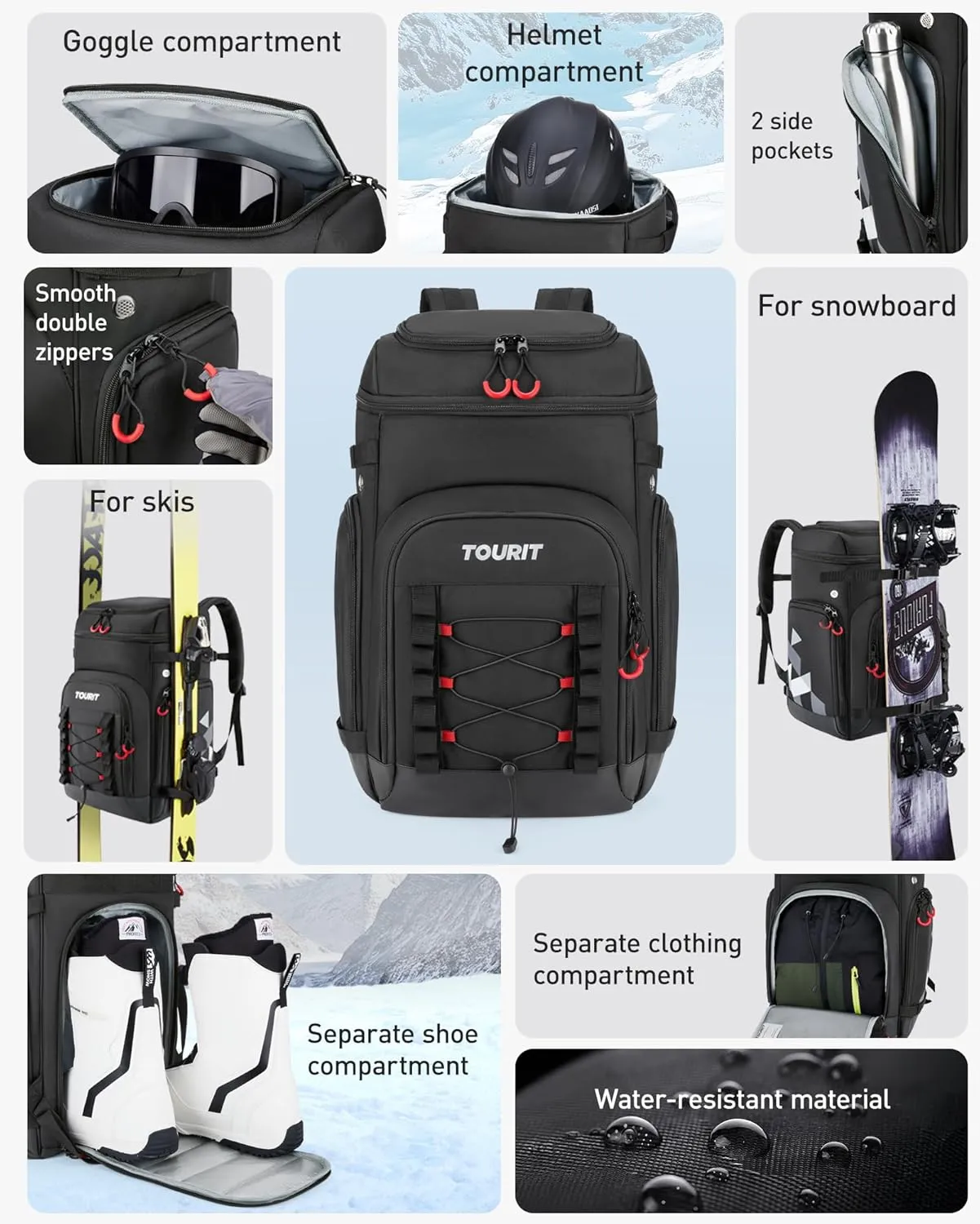 TOURIT Ski Boot Bag Snowboard Backpack 55-60L Waterproof Unisex Helmet and Accessories Carrying Bag