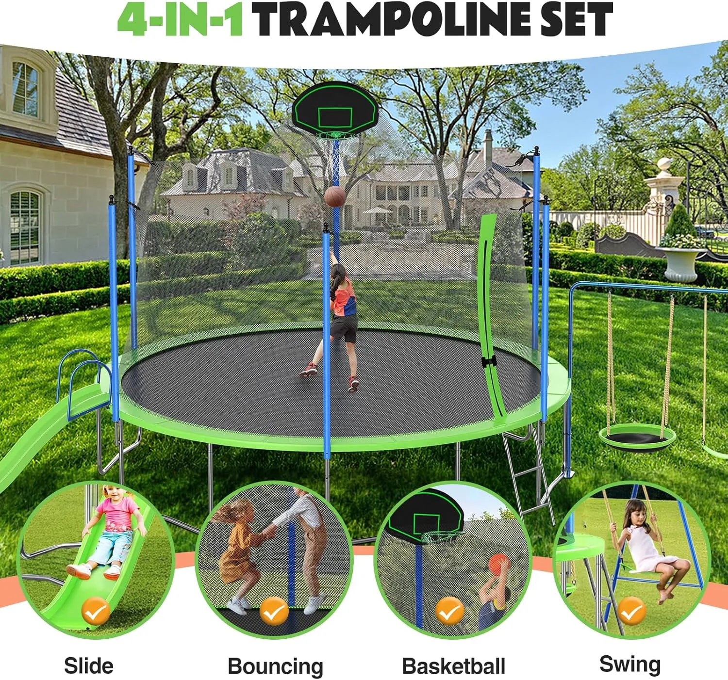 Trampoline Outdoor for Kids & Adults, Large Heavy Duty Round Trampoline with Basketball Hoop, Slide, Swing & Enclosure Net for Backyard