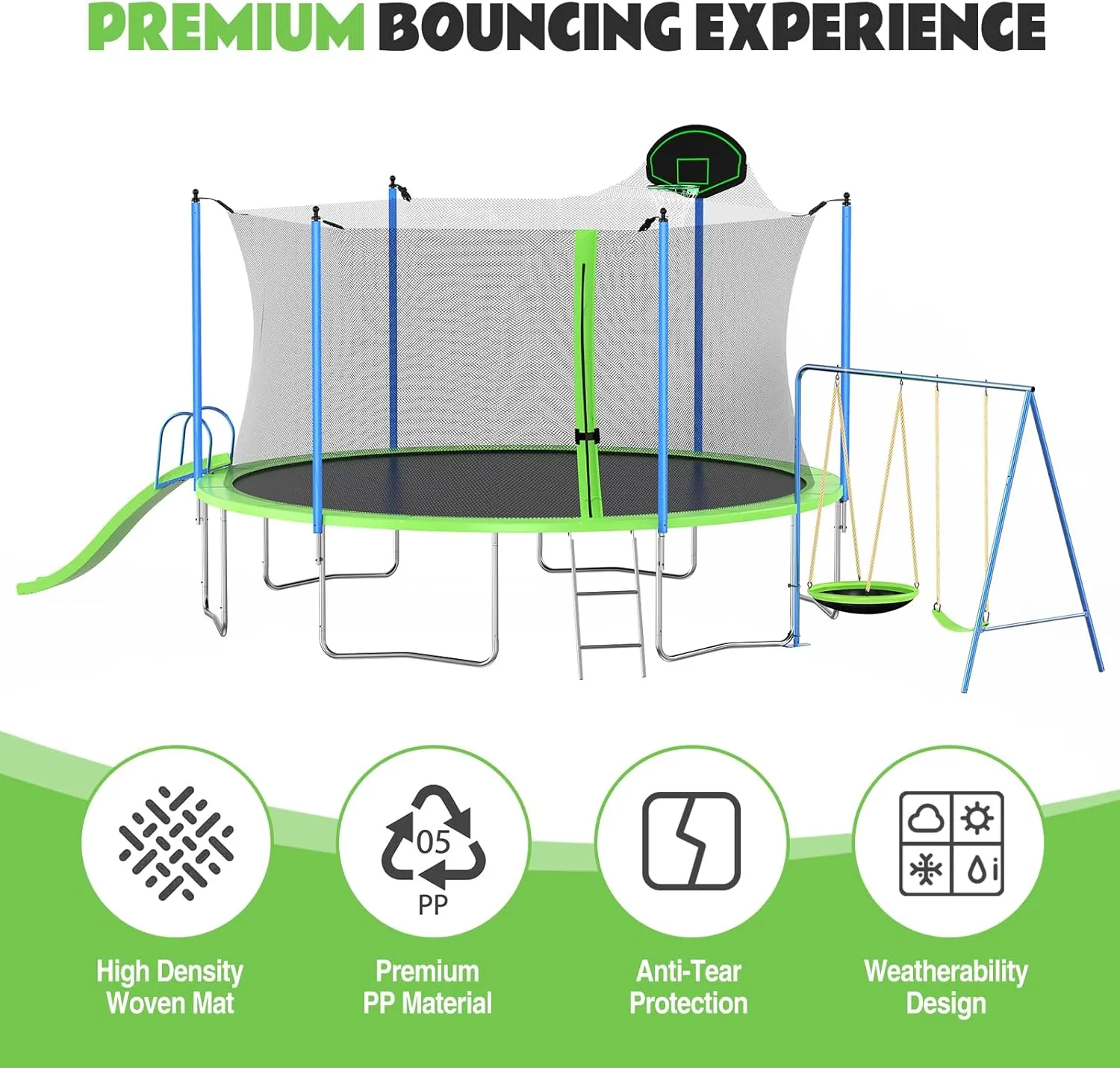 Trampoline Outdoor for Kids & Adults, Large Heavy Duty Round Trampoline with Basketball Hoop, Slide, Swing & Enclosure Net for Backyard