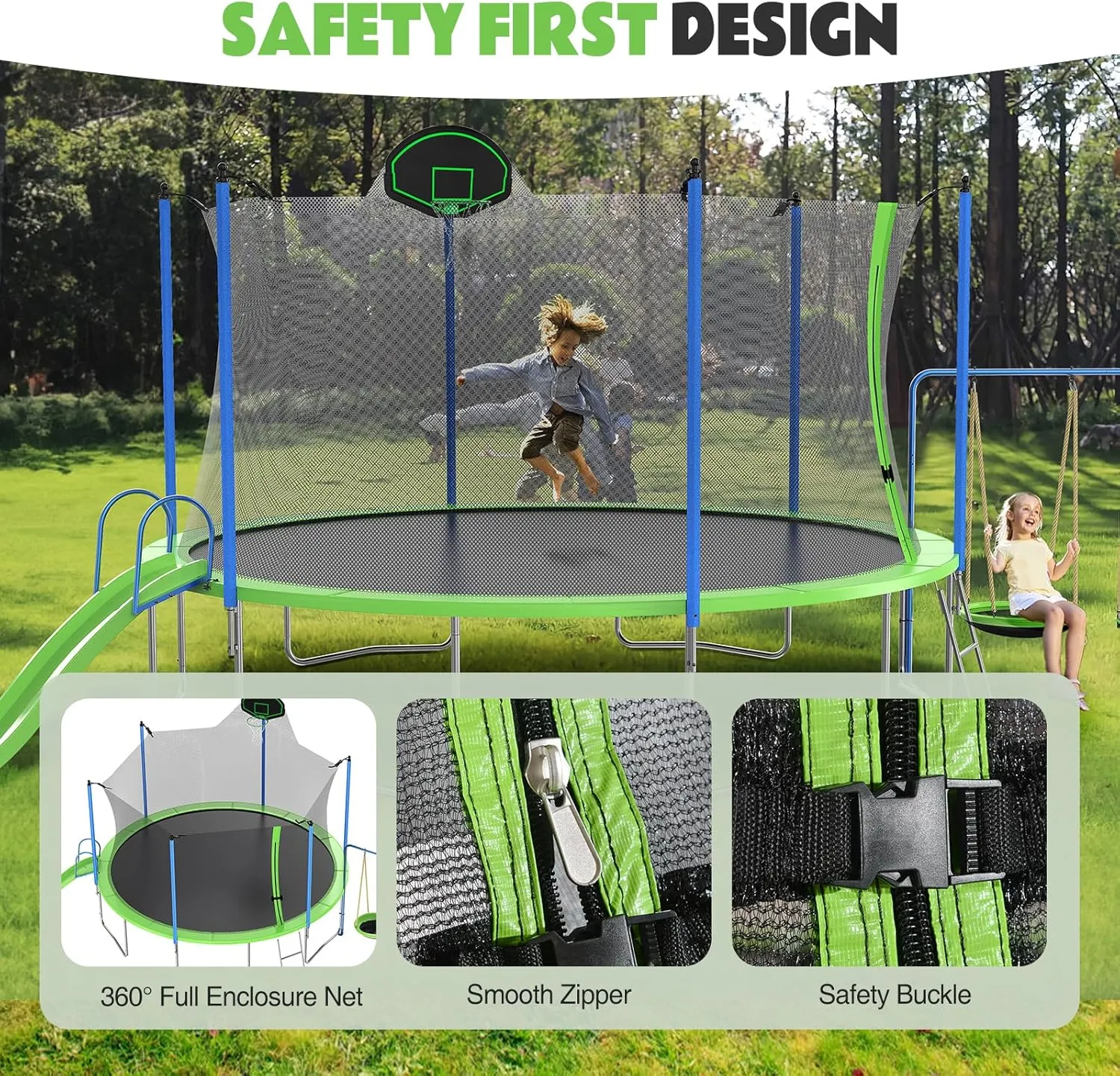Trampoline Outdoor for Kids & Adults, Large Heavy Duty Round Trampoline with Basketball Hoop, Slide, Swing & Enclosure Net for Backyard