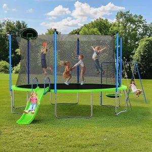 Trampoline Outdoor for Kids & Adults, Large Heavy Duty Round Trampoline with Basketball Hoop, Slide, Swing & Enclosure Net for Backyard