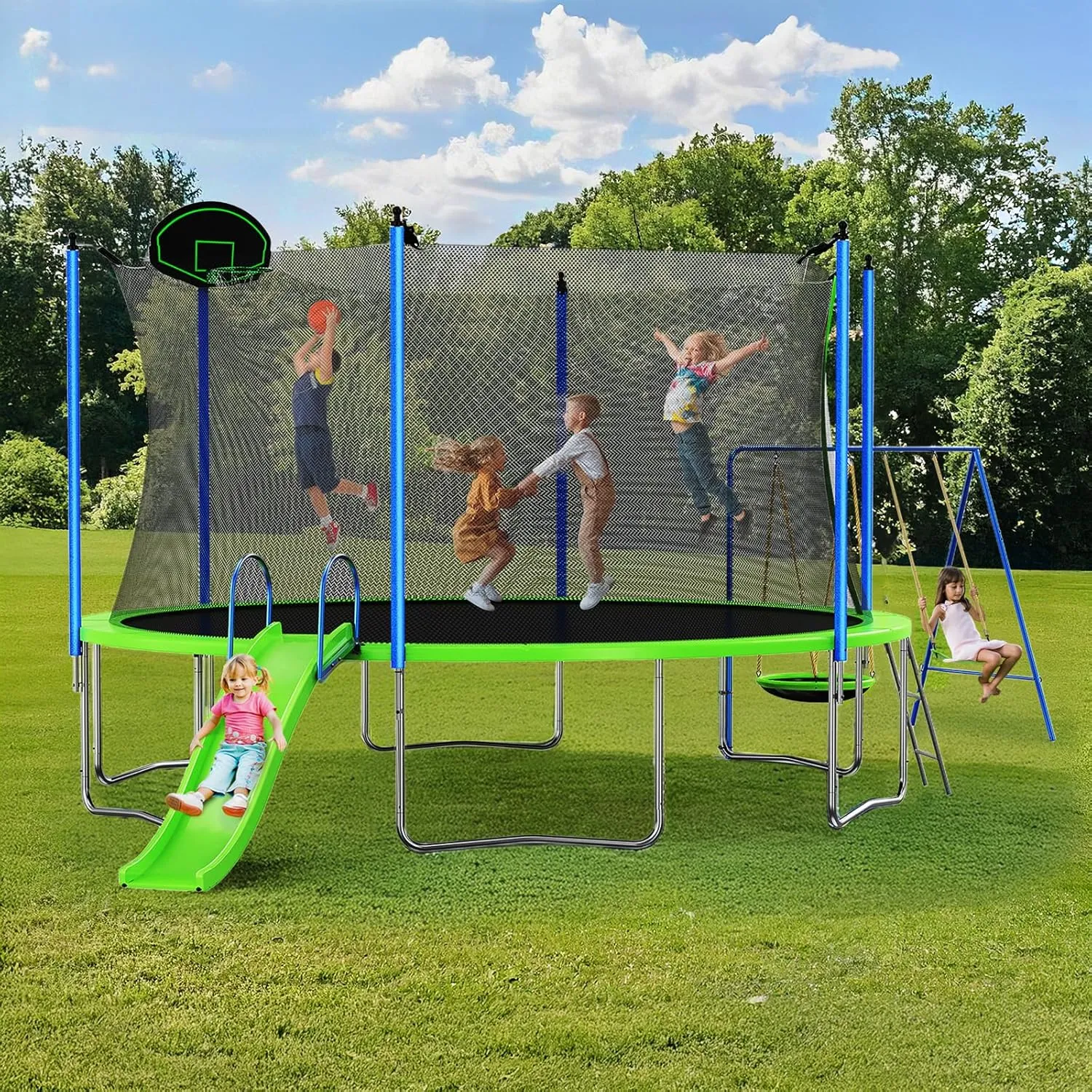 Trampoline Outdoor for Kids & Adults, Large Heavy Duty Round Trampoline with Basketball Hoop, Slide, Swing & Enclosure Net for Backyard