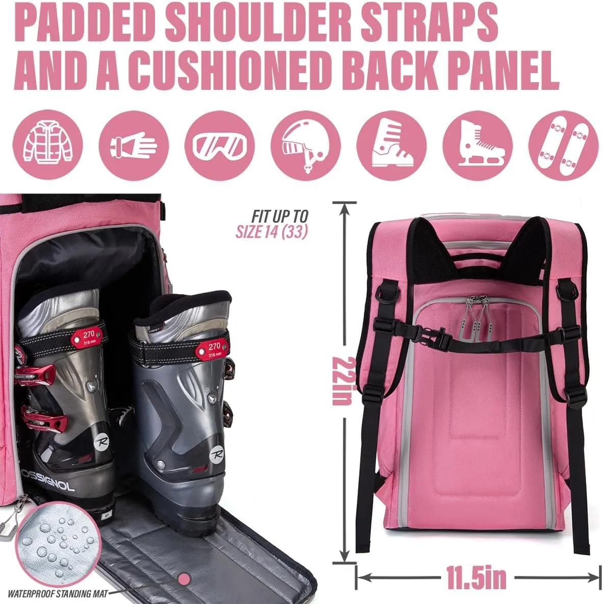 Travel Ski Boot Bag Backpack - Durable Boot Bags for Skiing Accessories, 60L Water-Resistant Padded Snow Skate Bag - Ski Gear Bag for Snowboard Boots, Helmet, Goggles