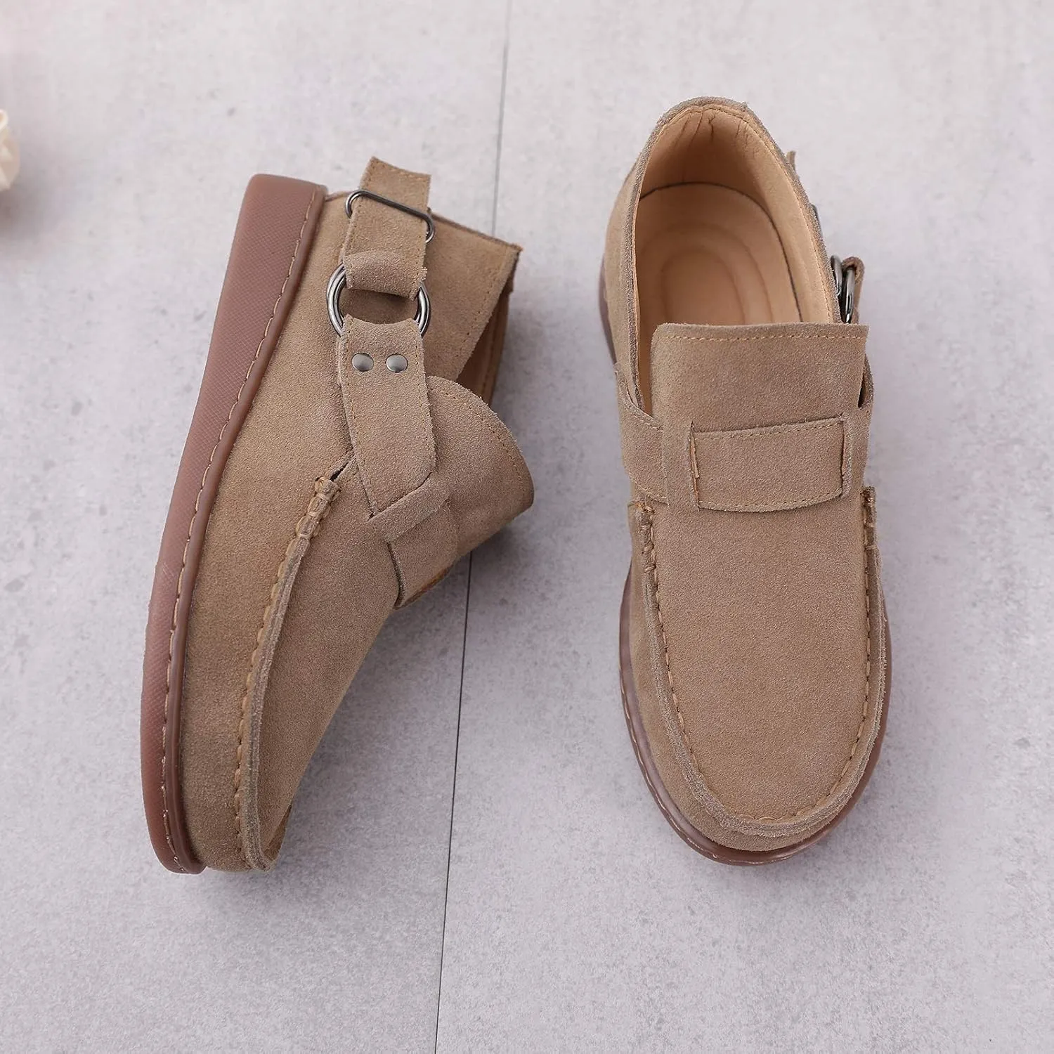 Trsorini Women Walking Shoes Half-Boots Fashion Comfort Suede Slip on Sneaker Casual Shoes for Lady Buckle Strap Adjustable Flat Shoes