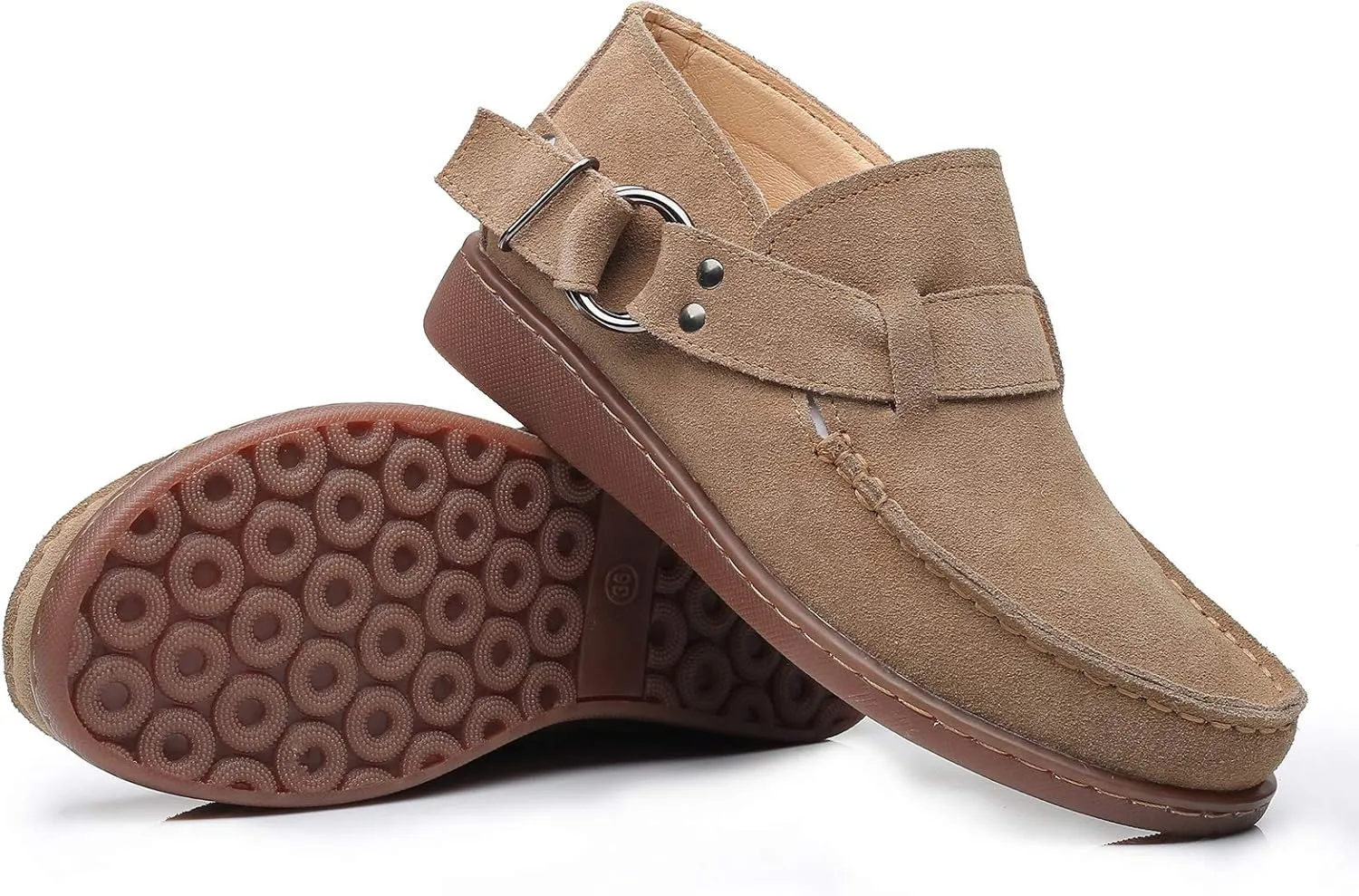 Trsorini Women Walking Shoes Half-Boots Fashion Comfort Suede Slip on Sneaker Casual Shoes for Lady Buckle Strap Adjustable Flat Shoes