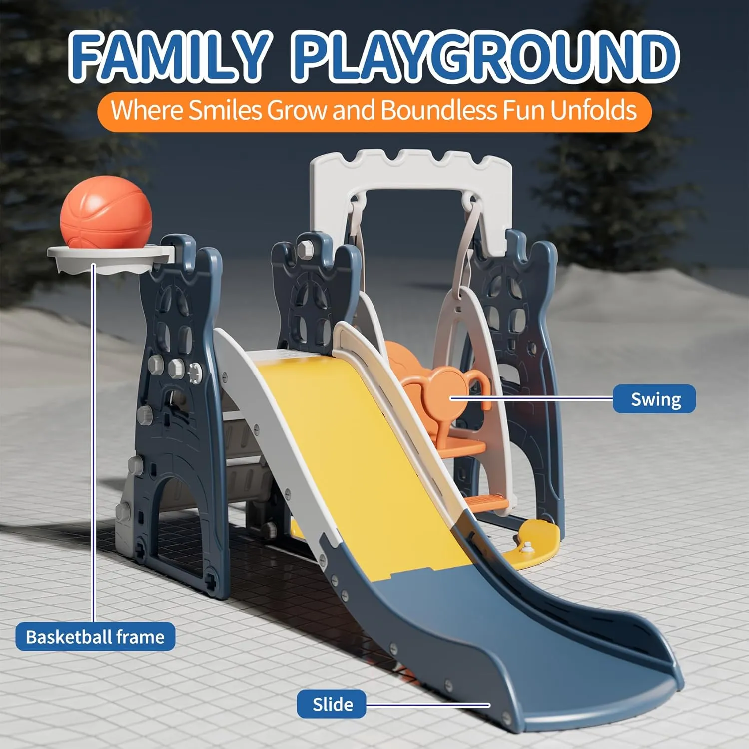 UNICOO® 4 in 1 Toddler Slide and Swing Set, Indoor Playground for Kids 1-3 | Baby Slide, Swing, Basketball Hoop for Boys & Girls | Toddler Toys, Kids Outdoor Playset (KU-SS-41 Dark Blue)