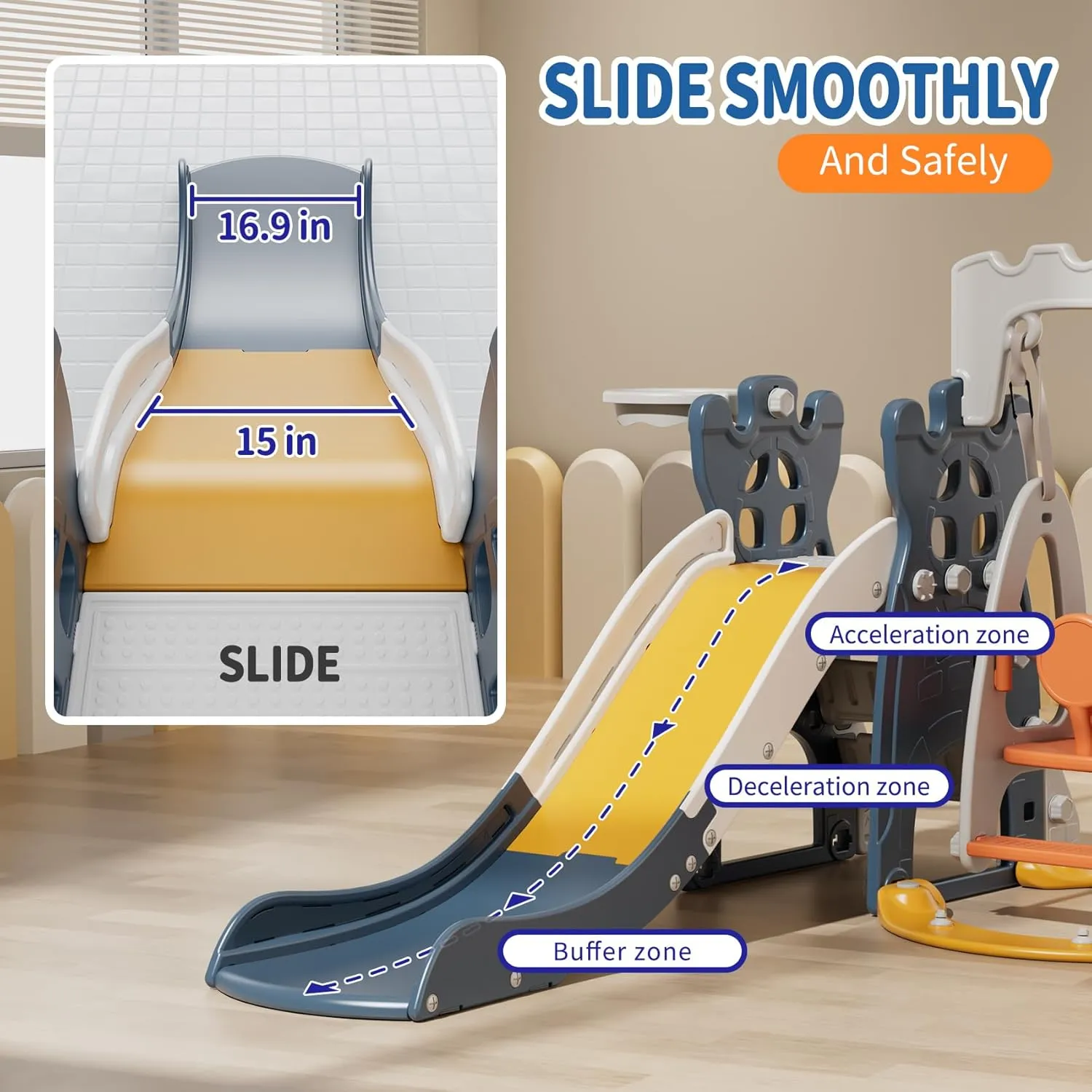 UNICOO® 4 in 1 Toddler Slide and Swing Set, Indoor Playground for Kids 1-3 | Baby Slide, Swing, Basketball Hoop for Boys & Girls | Toddler Toys, Kids Outdoor Playset (KU-SS-41 Dark Blue)