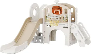 UNICOO Kids Slide Playset, Toddlers Playground, Kids Playhouse with Slide, Tunnel, Basketball, Climber and Storage Space (Playhouse White   Coffee)