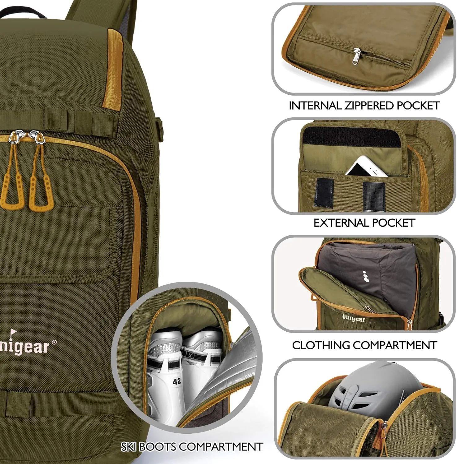 Unigear Ski Boot Backpack, 50L Travel Pack for Helmet, Goggles, Gloves, Skis, Snowboard & Accessories (Olive Green)