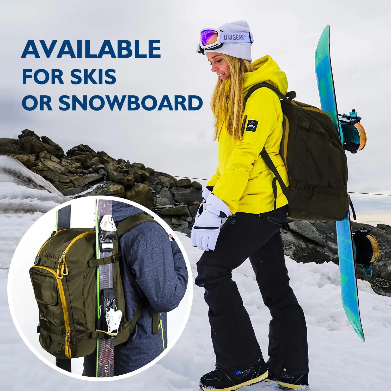 Unigear Ski Boot Backpack, 50L Travel Pack for Helmet, Goggles, Gloves, Skis, Snowboard & Accessories (Olive Green)