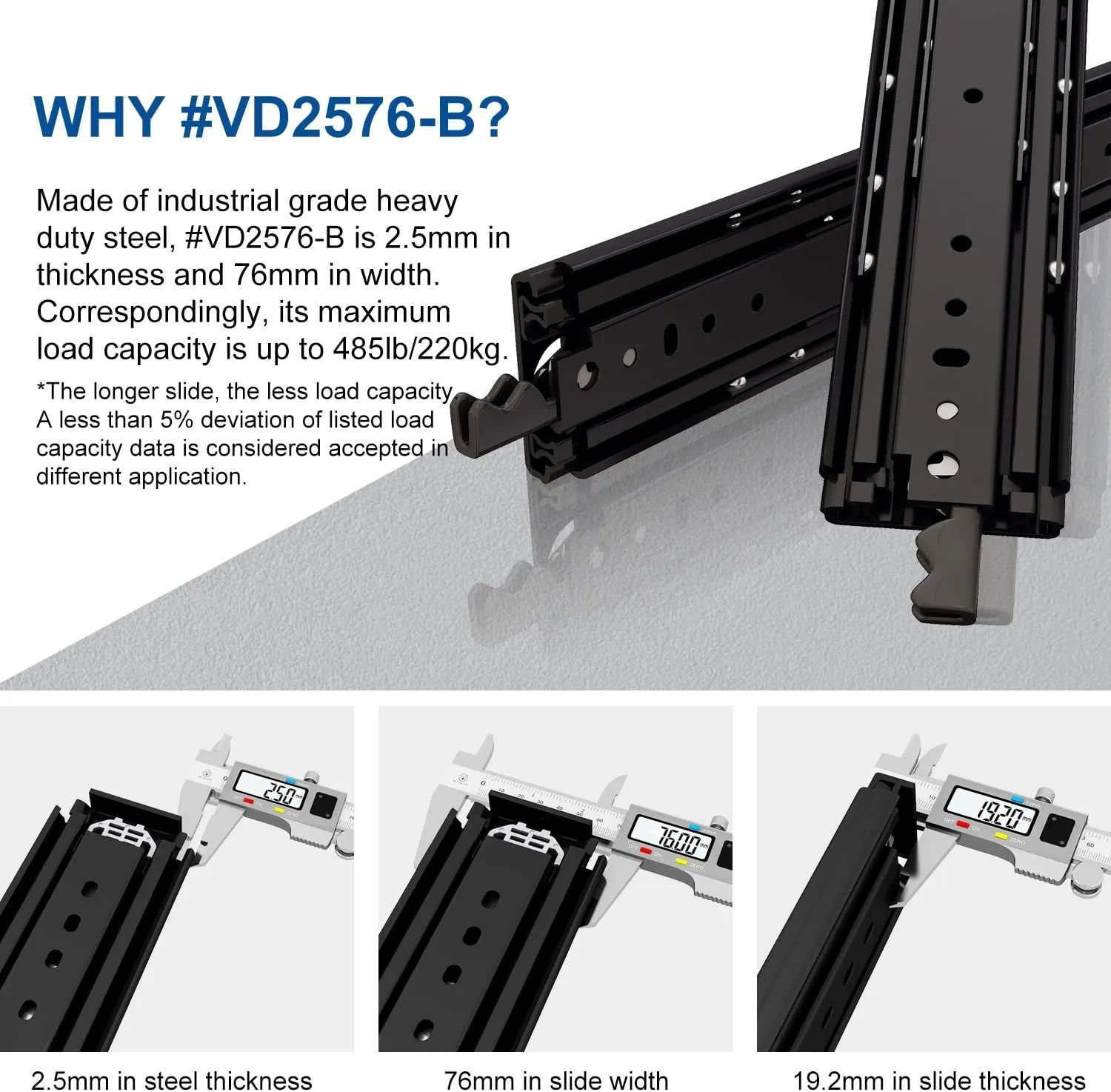 VADANIA 60" Ultra Heavy Duty Drawer Slide with Lock #VD2576-b, 3" Widening Black-electroplated Cold-Rolled Steel, Industrial Grade Heavy Load Capacity, 3-Fold Full Extension, Side Mount, 1-Pair