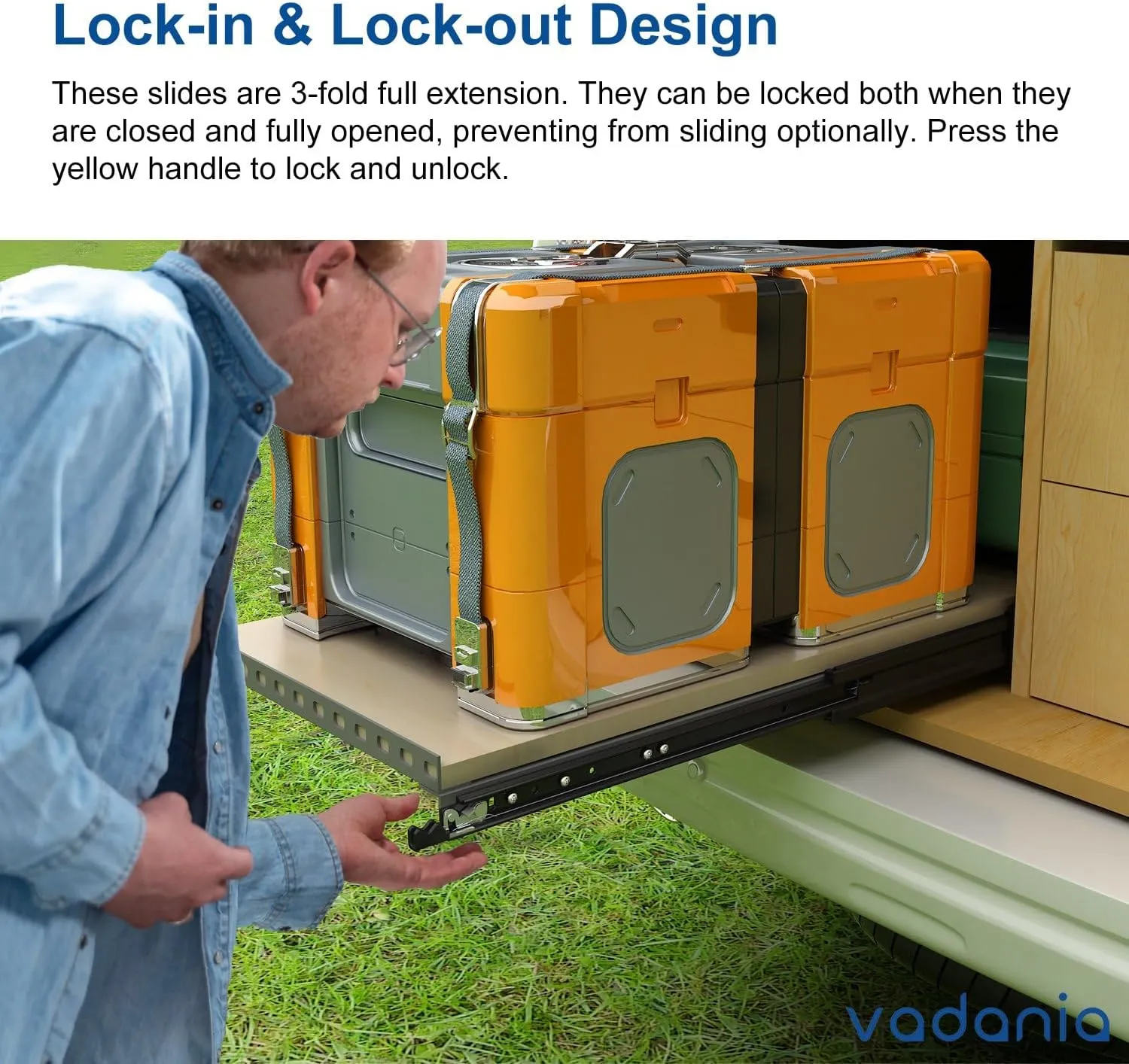 VADANIA 60" Ultra Heavy Duty Drawer Slide with Lock #VD2576-b, 3" Widening Black-electroplated Cold-Rolled Steel, Industrial Grade Heavy Load Capacity, 3-Fold Full Extension, Side Mount, 1-Pair