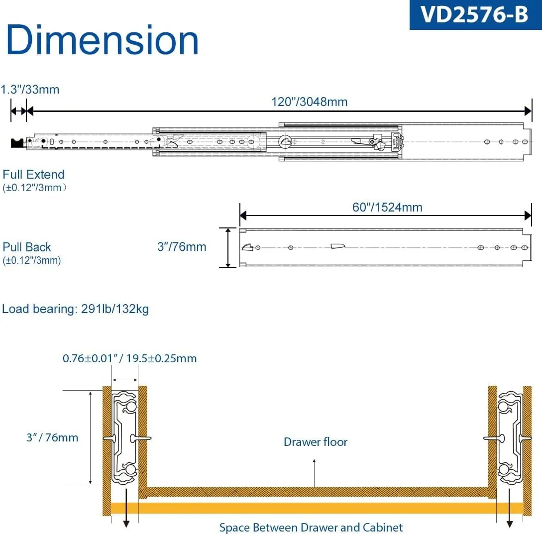 VADANIA 60" Ultra Heavy Duty Drawer Slide with Lock #VD2576-b, 3" Widening Black-electroplated Cold-Rolled Steel, Industrial Grade Heavy Load Capacity, 3-Fold Full Extension, Side Mount, 1-Pair