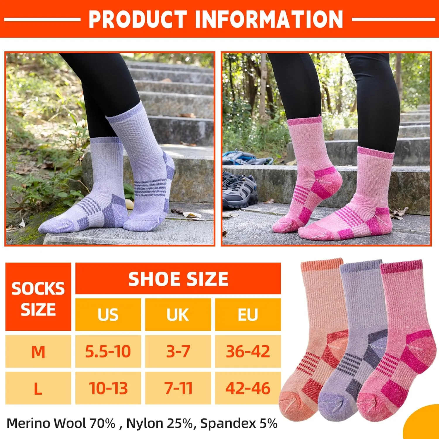 Velice Merino Wool Hiking Socks for Women Thermal Warm Winter Boot Work Cushion Crew Socks 3 Pairs