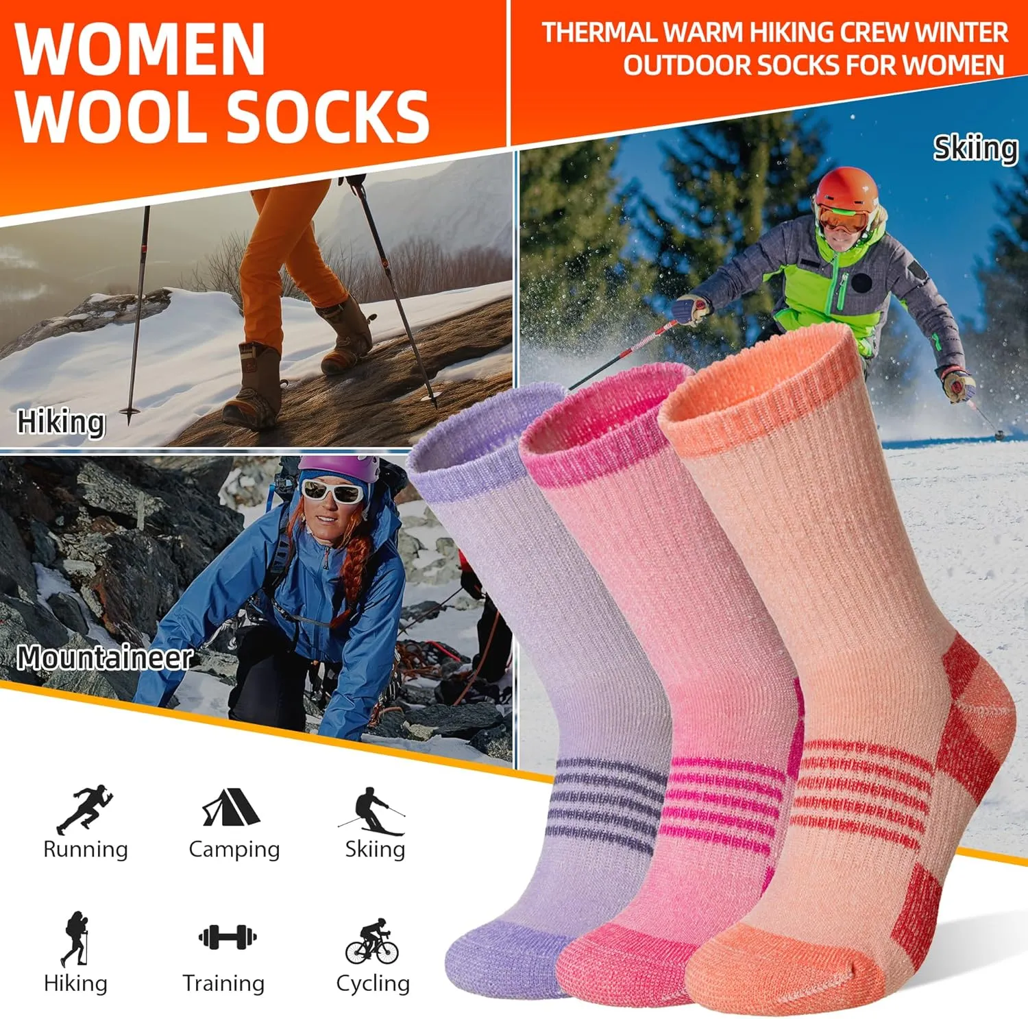 Velice Merino Wool Hiking Socks for Women Thermal Warm Winter Boot Work Cushion Crew Socks 3 Pairs