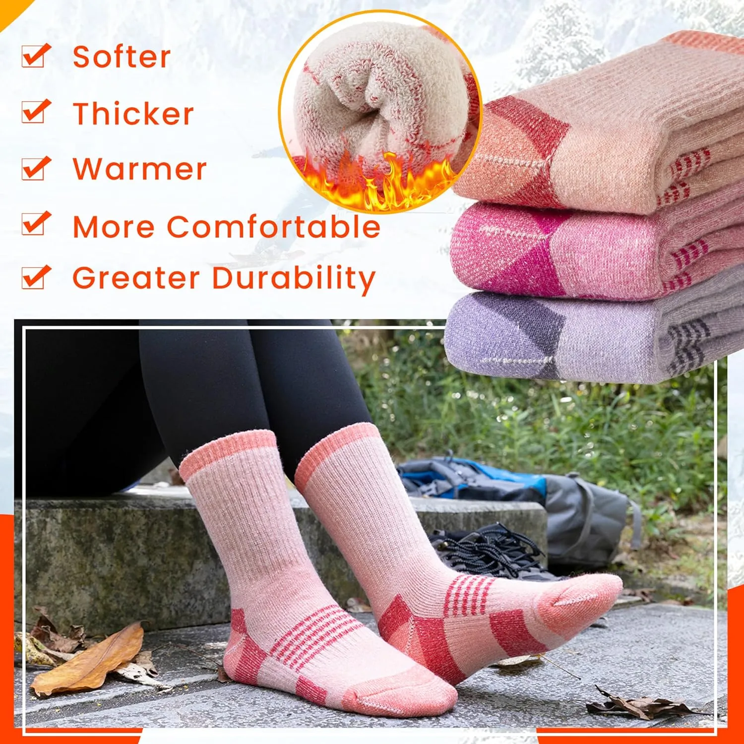 Velice Merino Wool Hiking Socks for Women Thermal Warm Winter Boot Work Cushion Crew Socks 3 Pairs