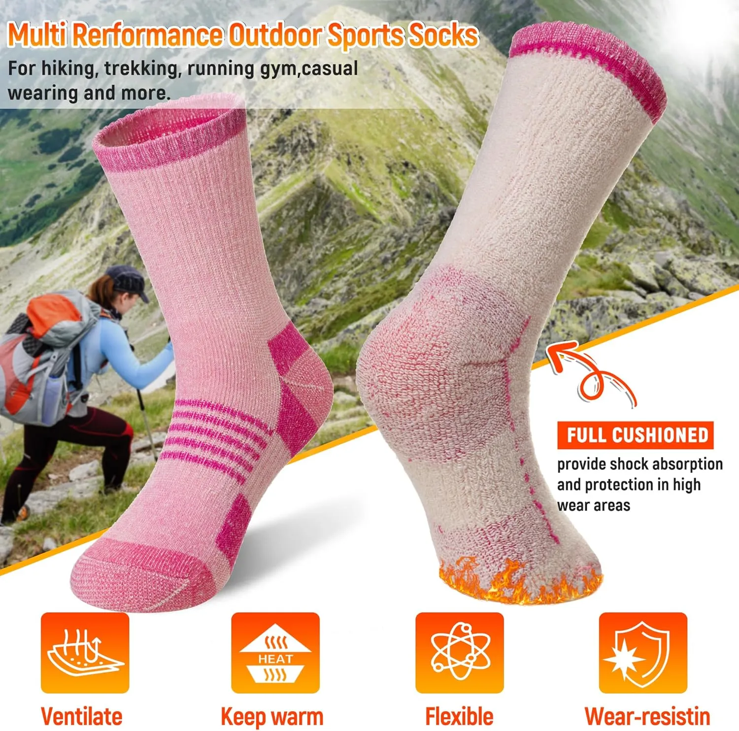 Velice Merino Wool Hiking Socks for Women Thermal Warm Winter Boot Work Cushion Crew Socks 3 Pairs