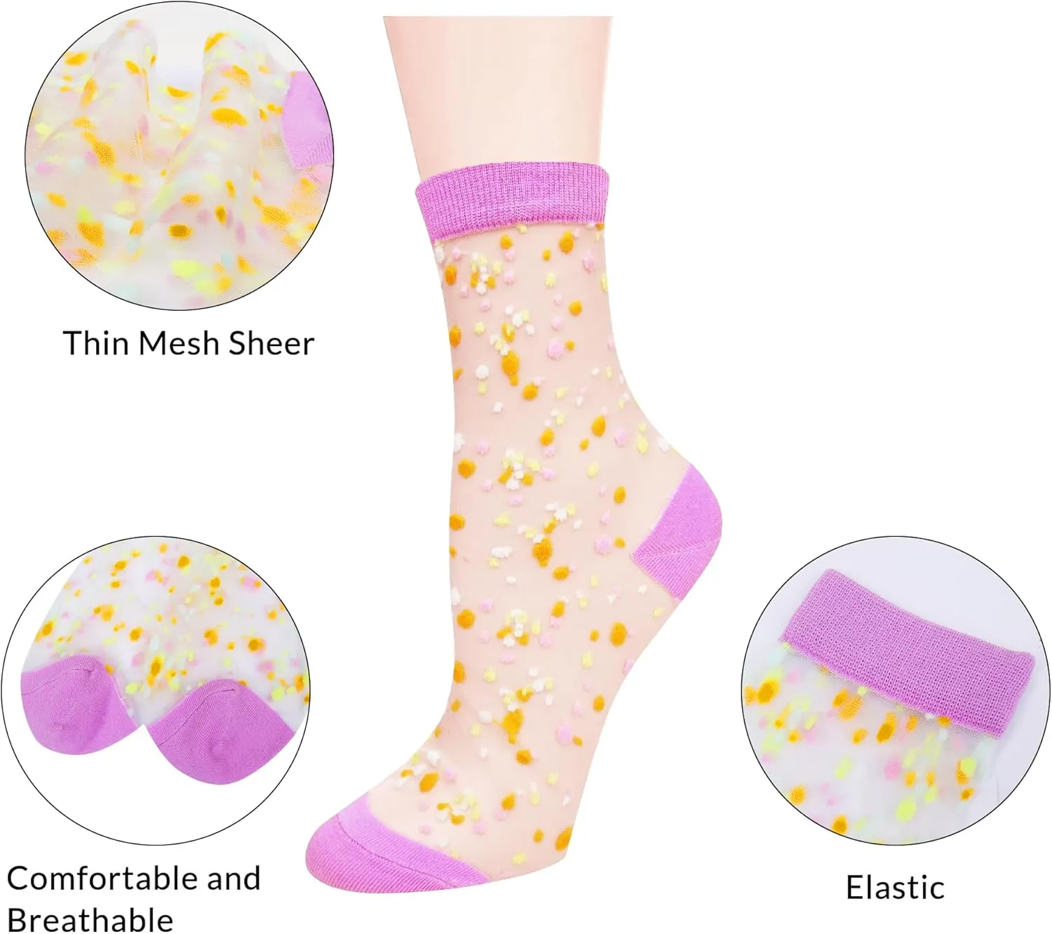 Violet Mist Women's Sheer Mesh Lace Socks - Nylon Elastic See Through Crystal Glass Socks