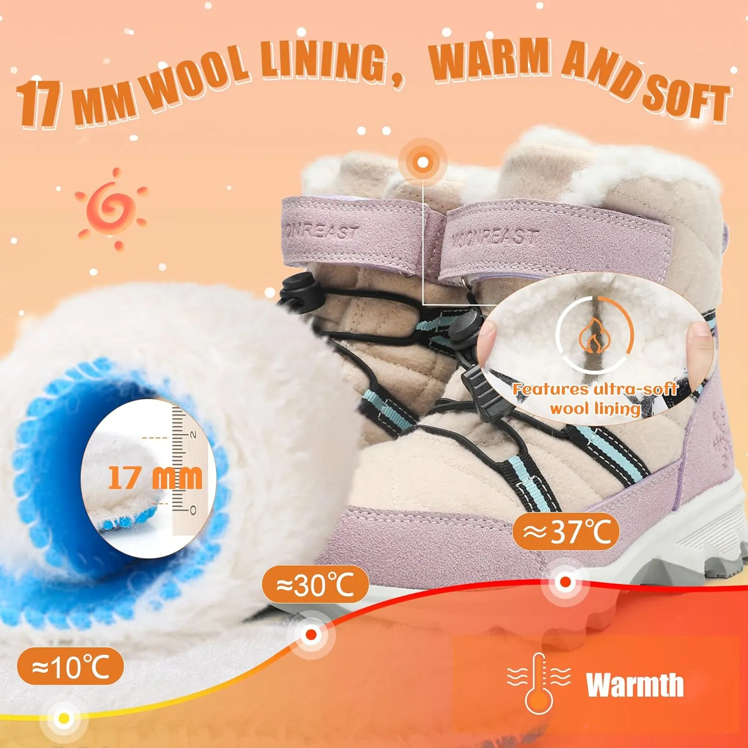 visionreast Boys Girls Wool Lining Snow Boots Winter Walking Boots for Kids Non Slip Unisex-Child Cold Weather Shoes Outdoor Boots